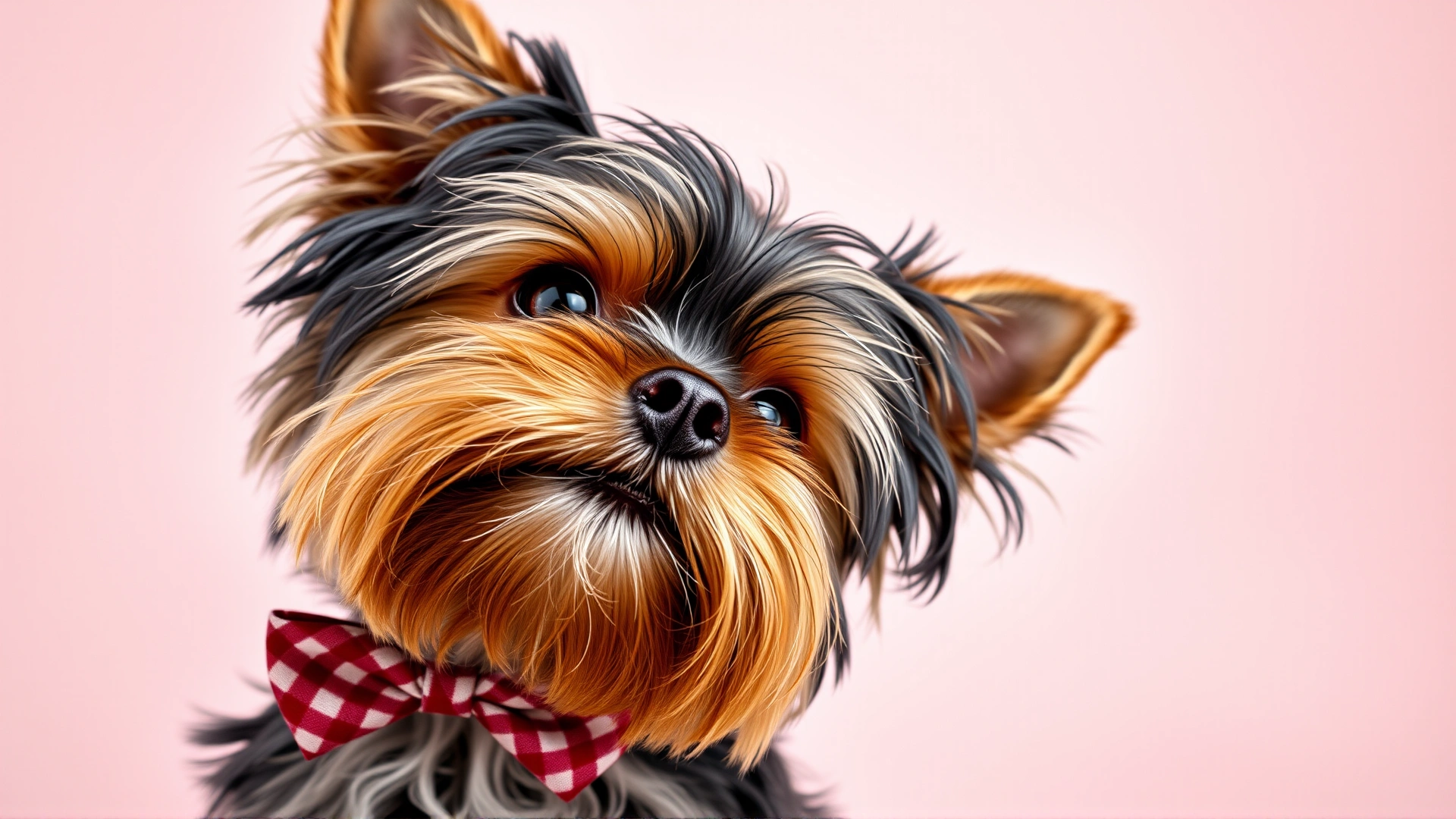 Yorkshire Terrier wearing a stylish bowtie, tilting its head playfully against a pastel backdrop.
