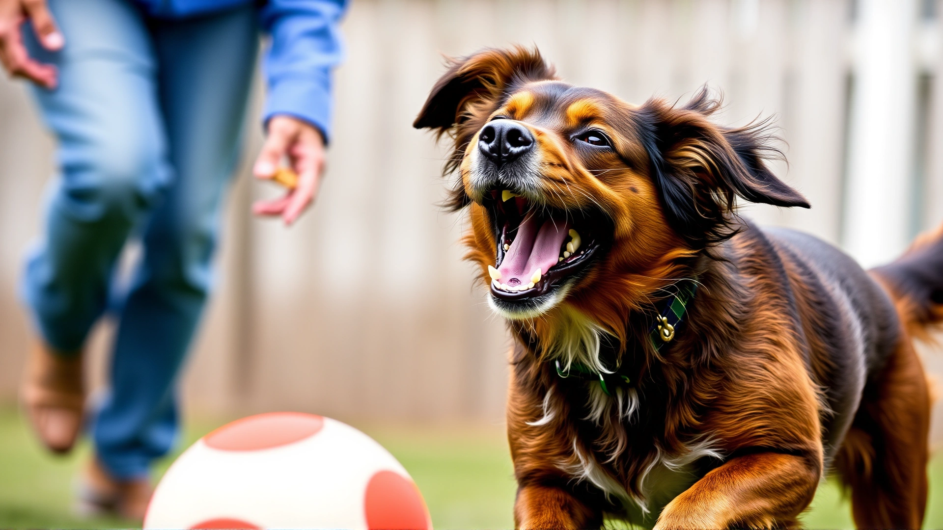 Dog joyfully sprinting back to play with a ball after receiving a treat from the owner, showing that recall doesn't end the fun.