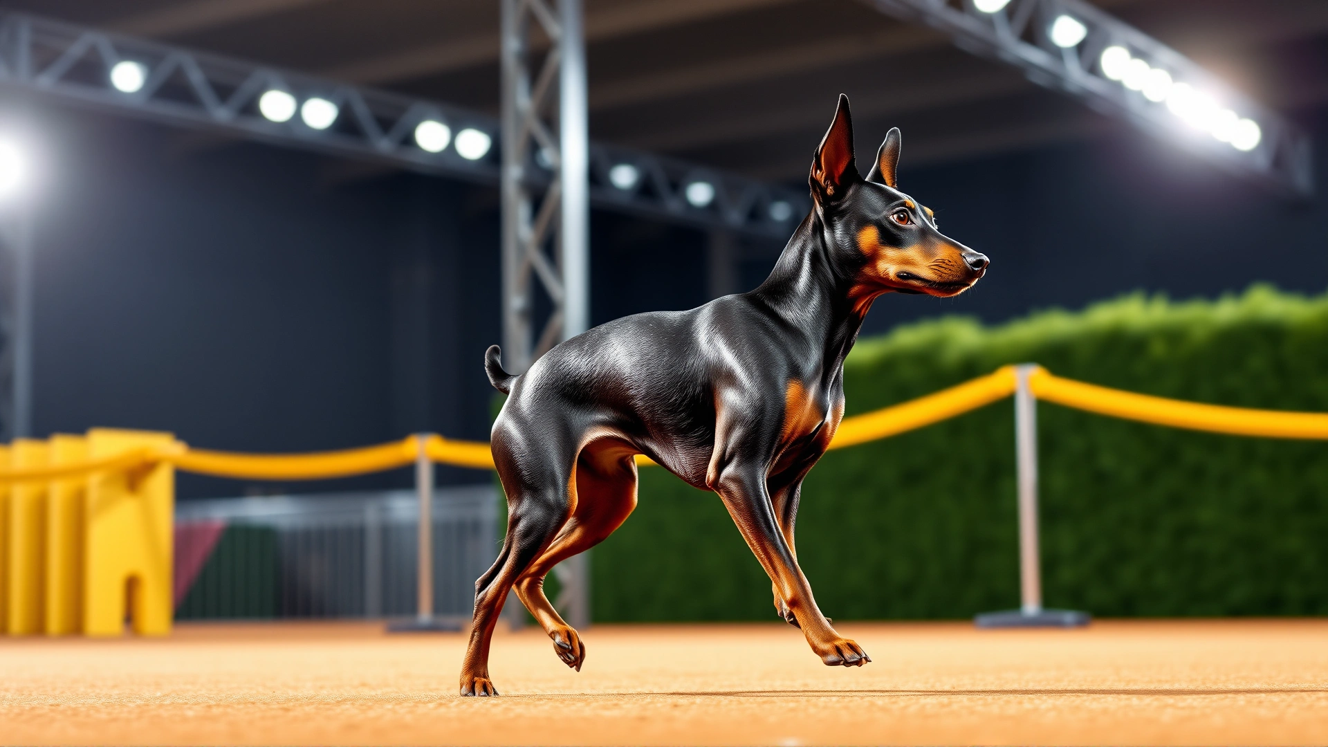 Elegant Miniature Pinscher showing its high-stepping hackney gait in a dog show ring, spotlights