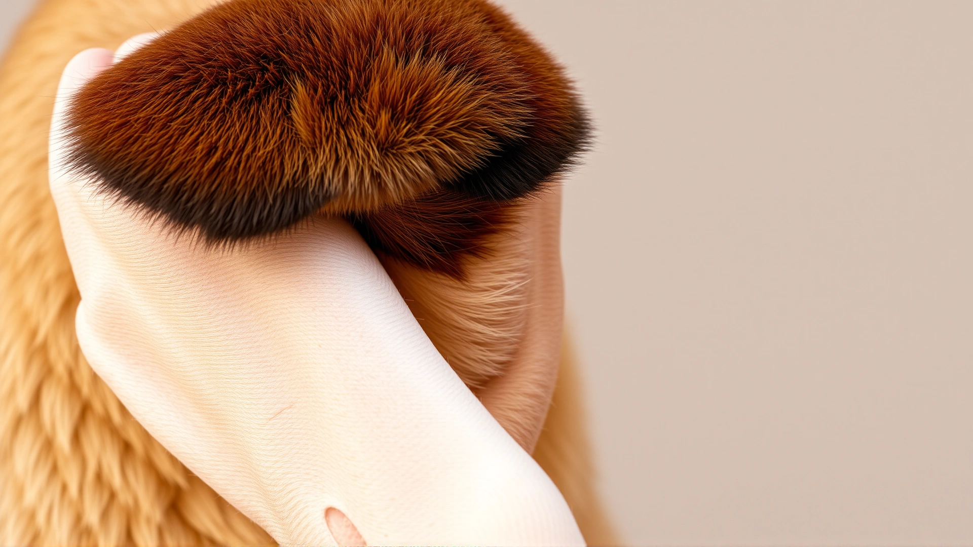 Close-up of a dog scratching its ear with visible mild skin irritation, neutral background.