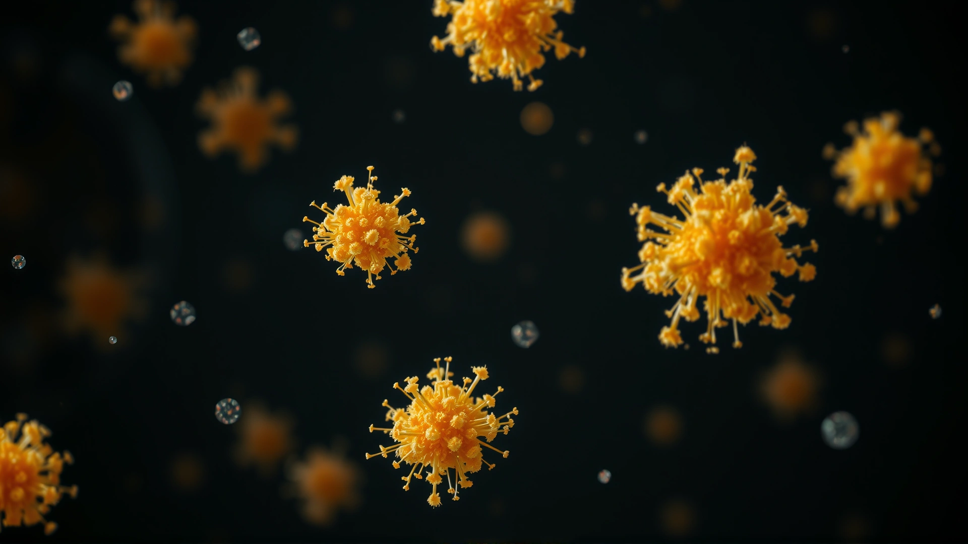 Microscopic macro shot showing clusters of fungal spores floating against a dark background to visualize fungal pathogens.