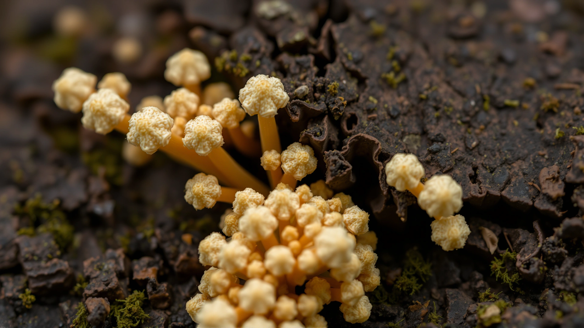Macro shot of Blastomyces spores growing on decaying wood, illustrating the fungus in its natural environment.