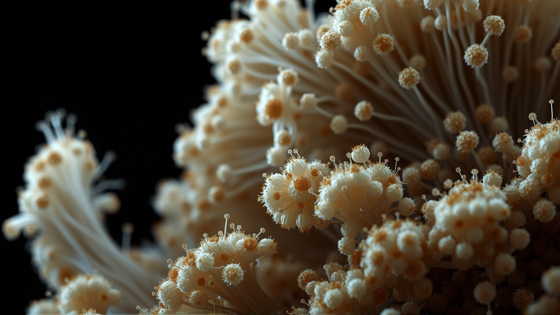 Microscopic view of fungal spores and hyphae on a dark background
