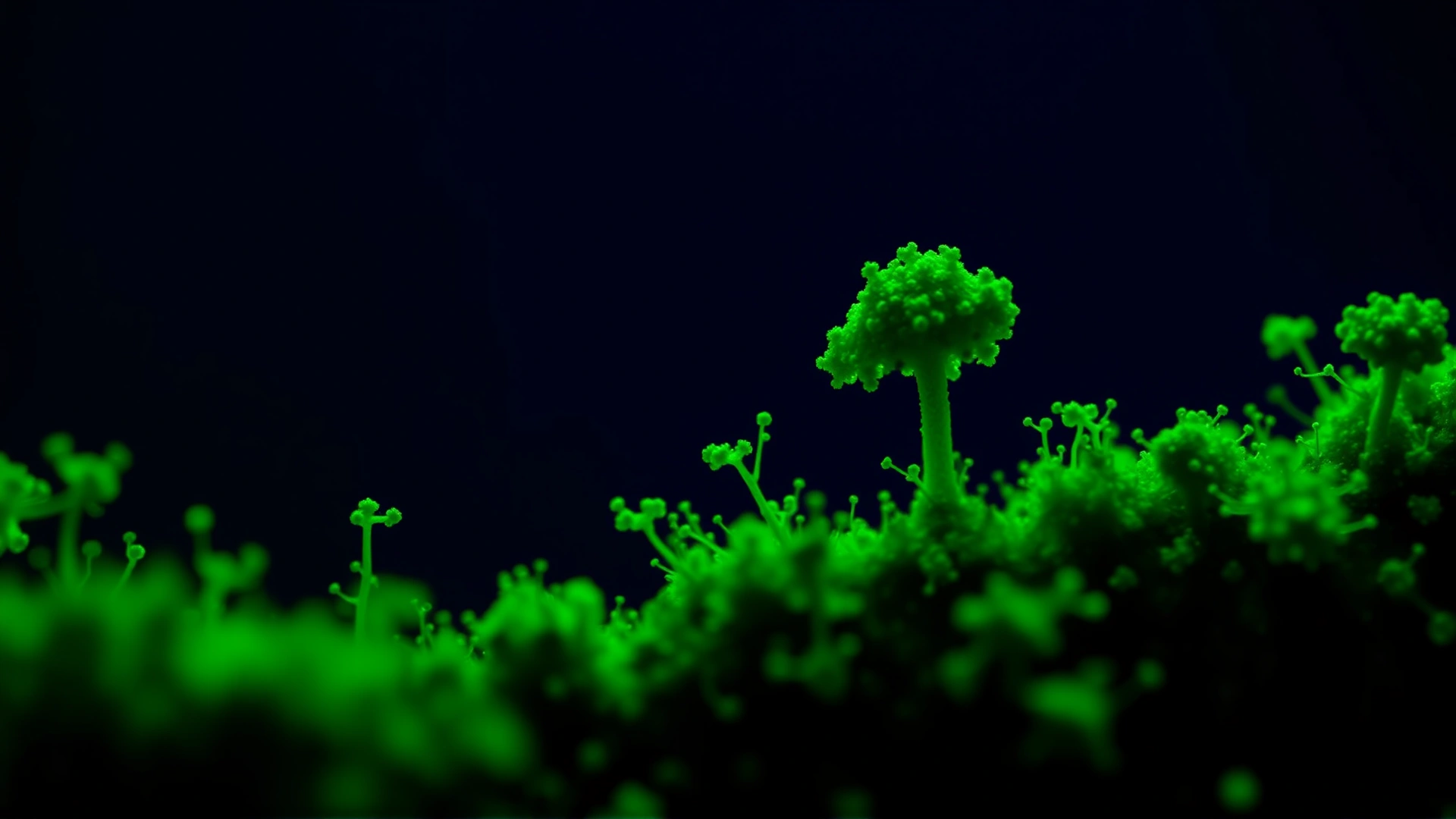 Microscopic view of Aspergillus fumigatus spores glowing green against a dark background.