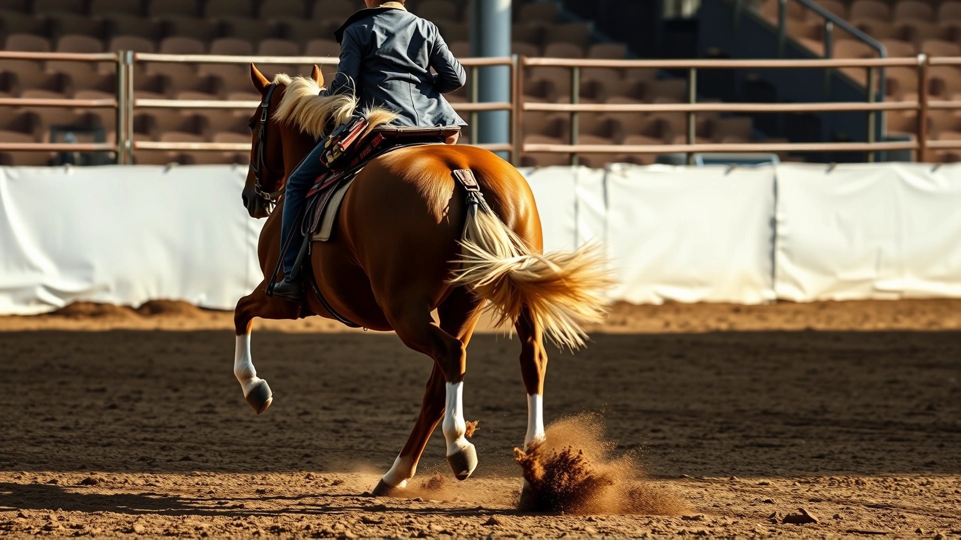 Side-view photo capturing a Missouri Fox Trotter performing its signature fox trot gait on a dirt arena, dust slightly kicked up, with rider in western tack. High-resolution, dynamic.