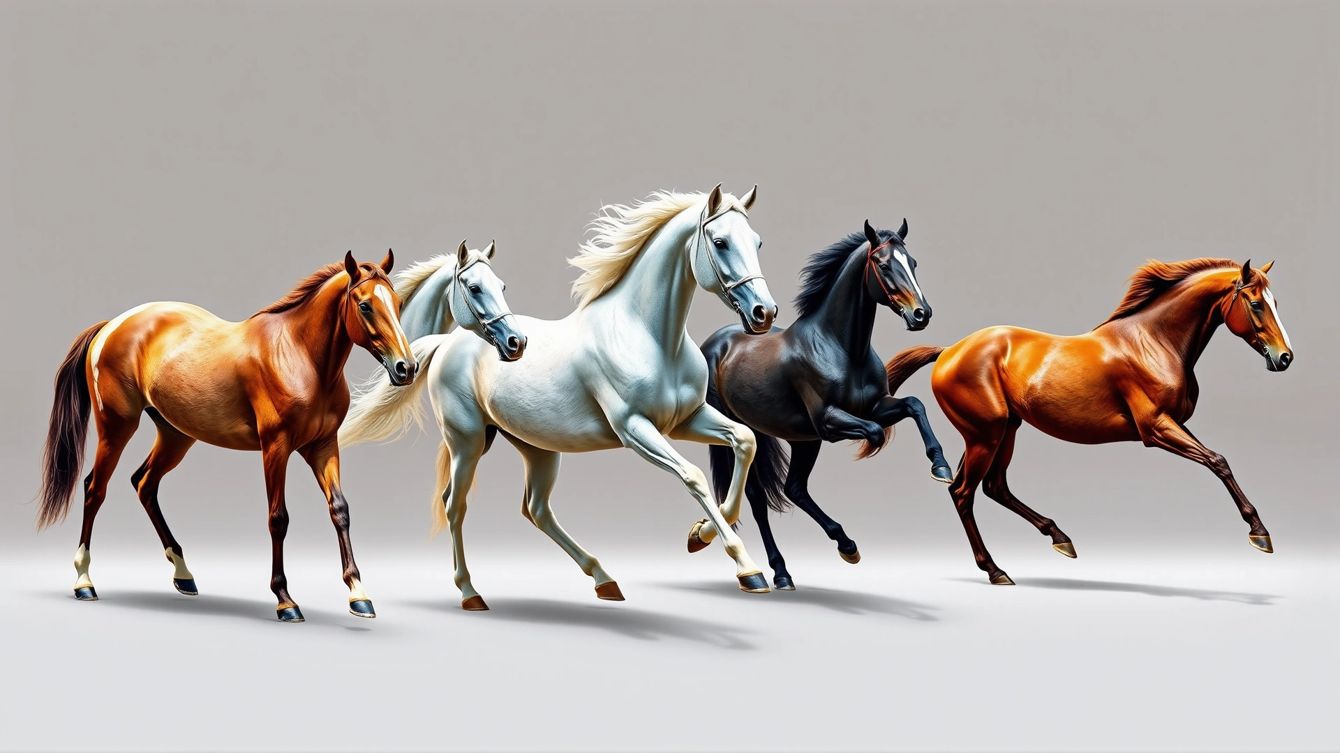 Collage-style image showing four horses each in a different gait (walk, trot, canter, gallop) on a neutral background