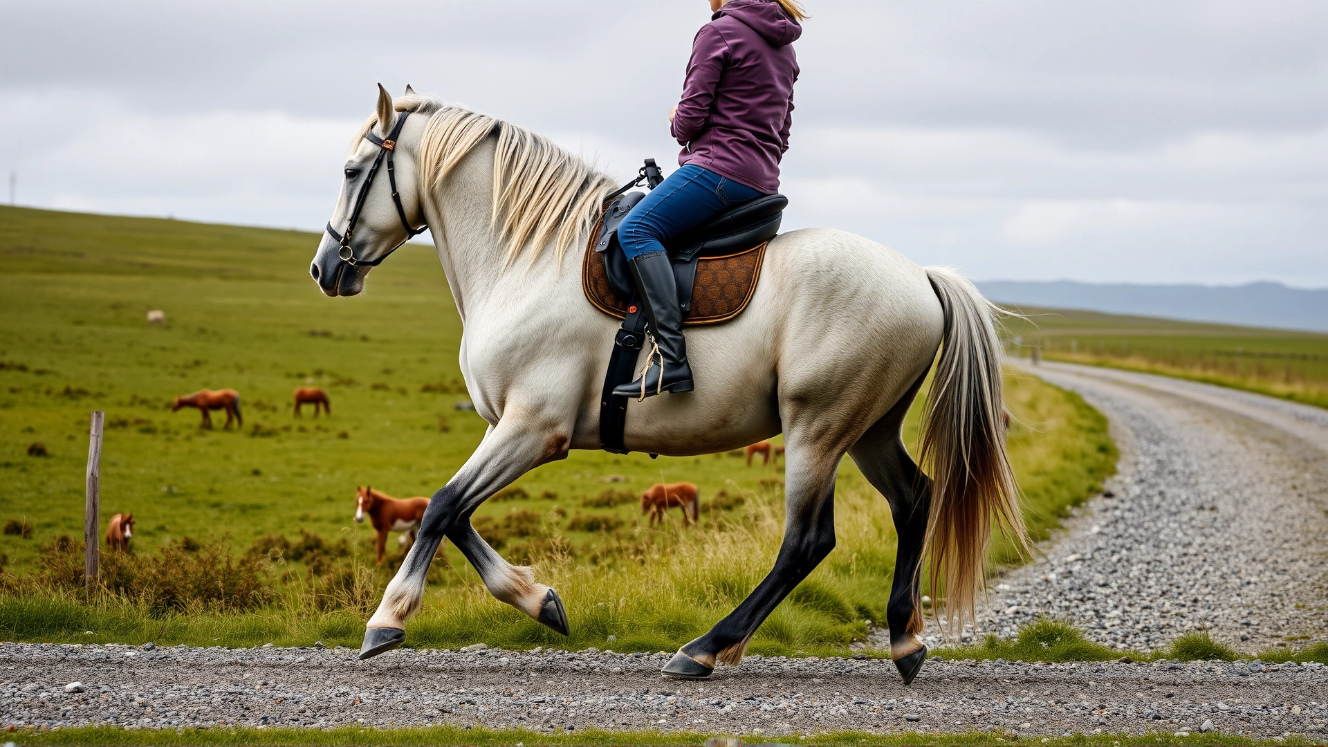 Side view of an Icelandic horse performing the tolt gait on a gravel track, legs in precise mid-stride, rider sitting comfortably