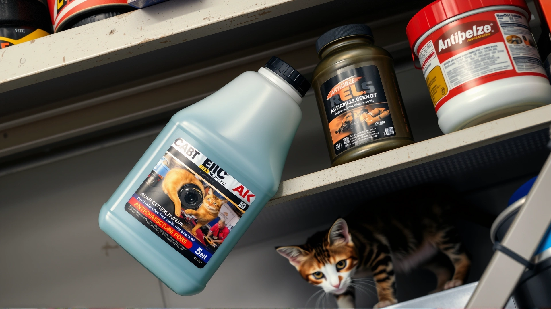 Bottle of antifreeze and motor oil on garage shelf with a cat exploring below.