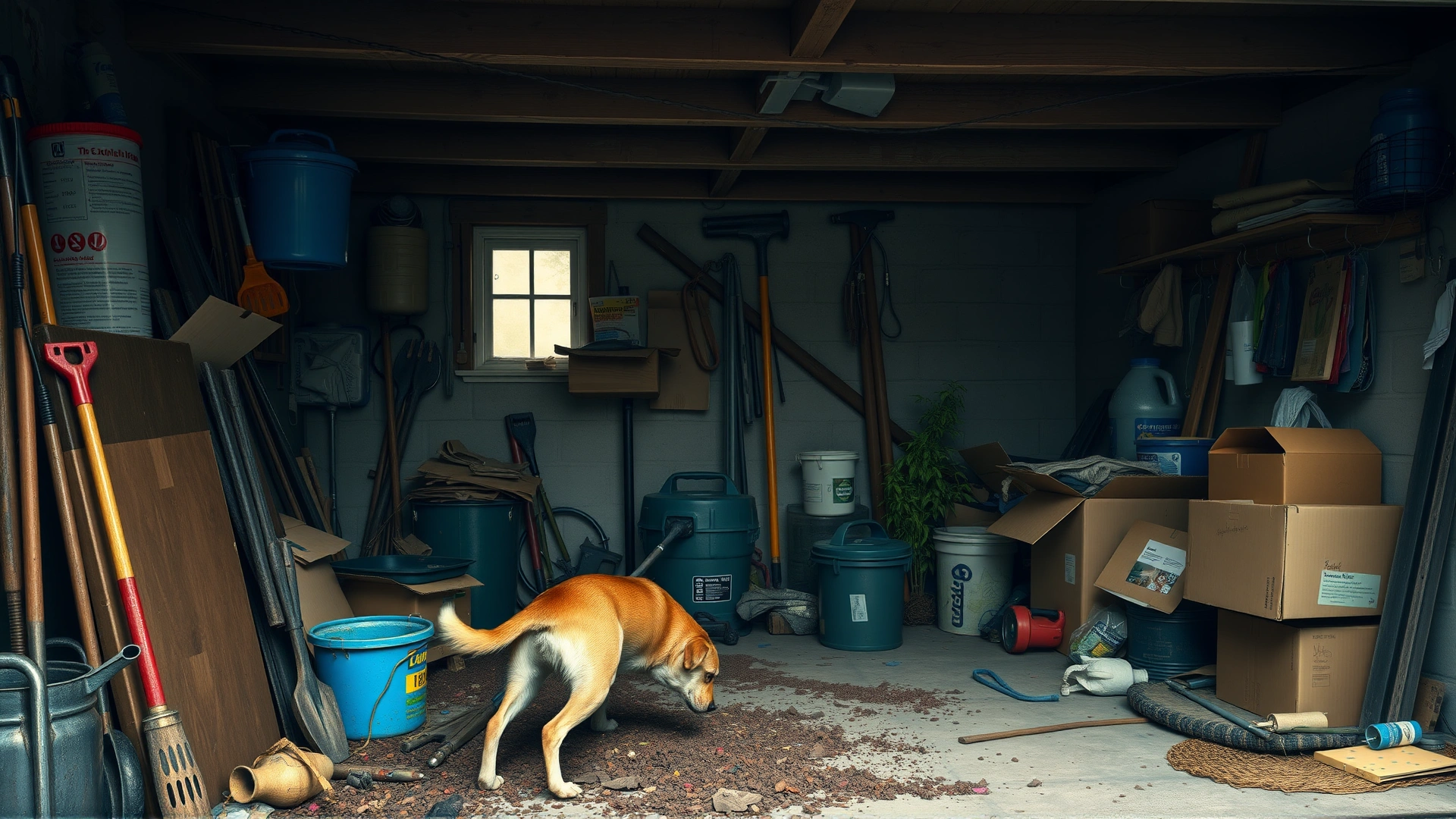 Messy garage with gardening tools and cardboard boxes, dog sniffing around, tick on wall