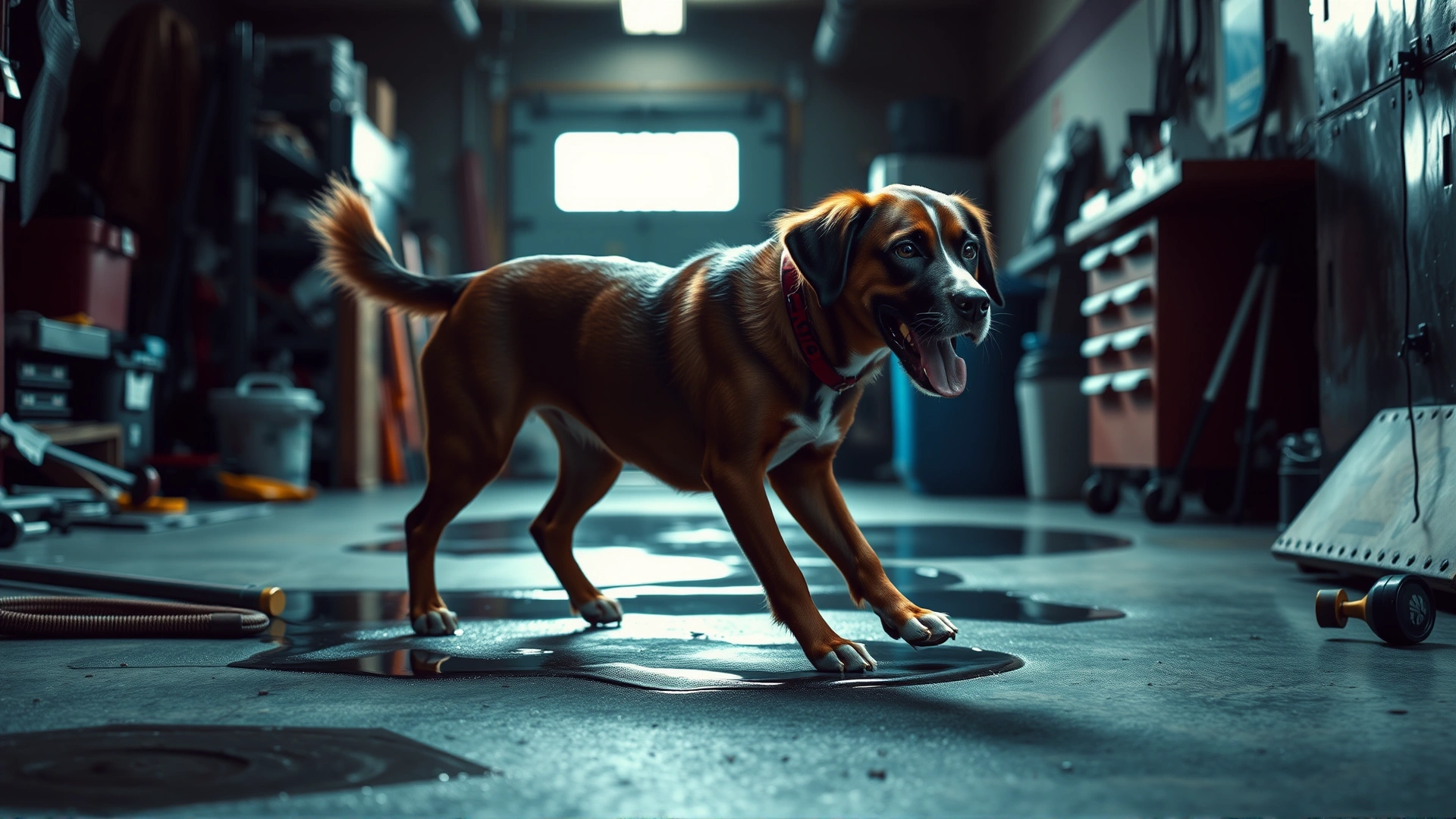 Dog walking through a garage with antifreeze puddle and scattered tools, dramatic lighting.