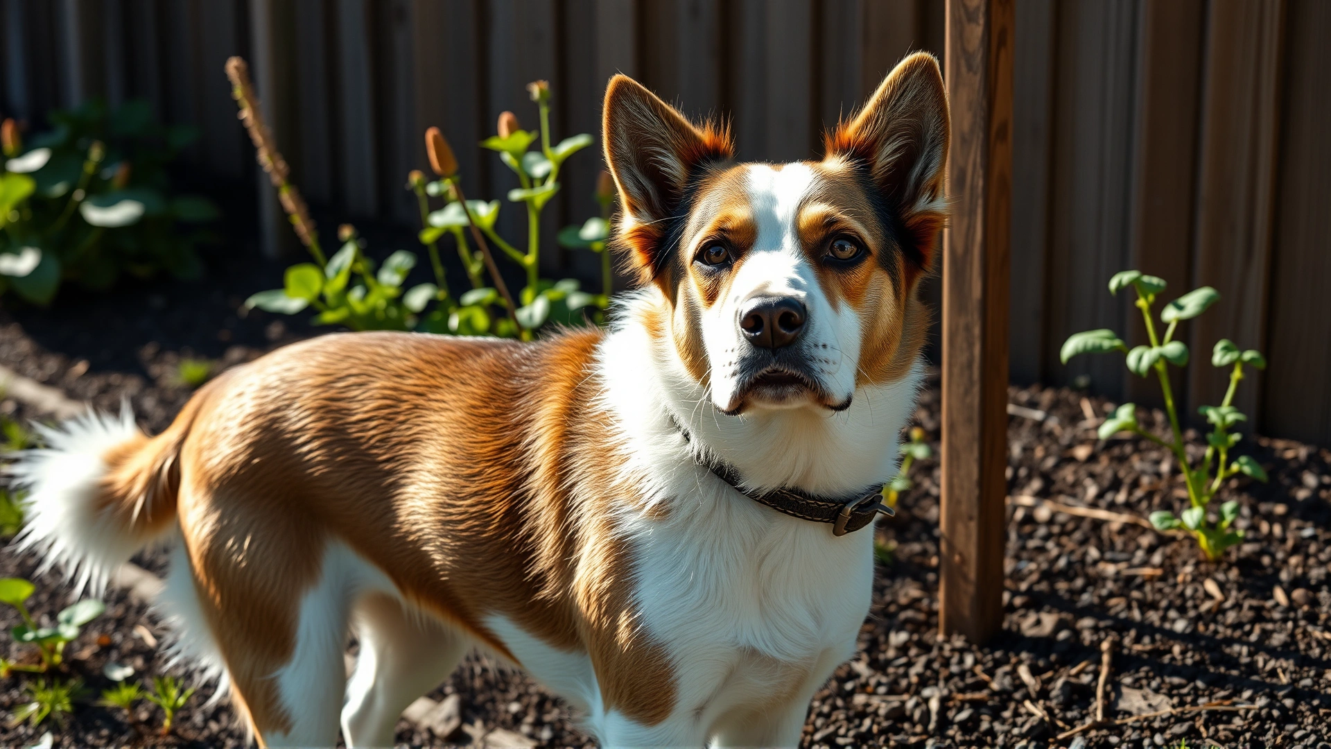 Dog standing next to a garden fence with toxic plants and mulch in the background, sunny outdoor shot.