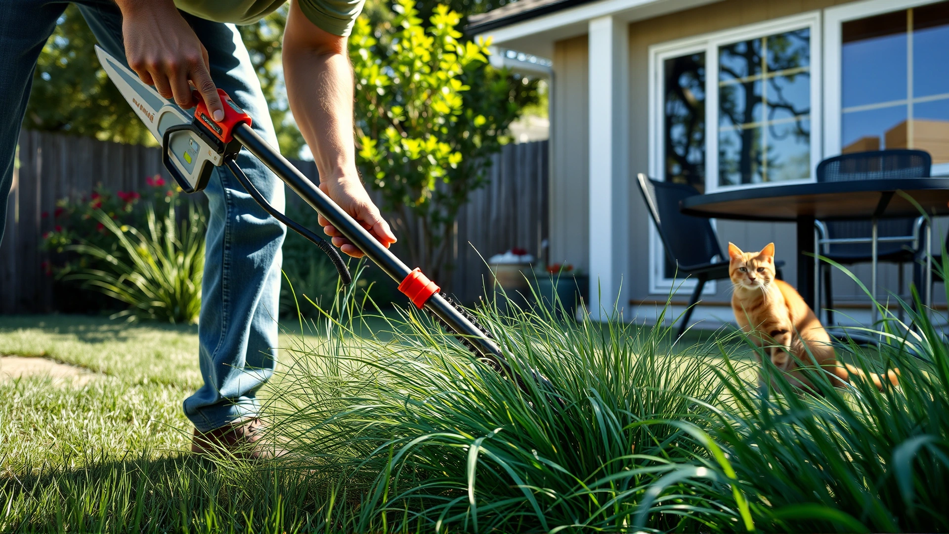 Person trimming tall grass and shrubs in a sunny backyard while a curious cat watches from a patio, illustrating outdoor environment control