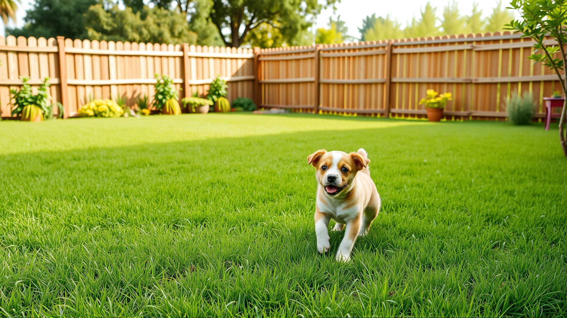 Fenced backyard with lush green grass, puppy playing safely, and no toxic plants or gardening tools in sight