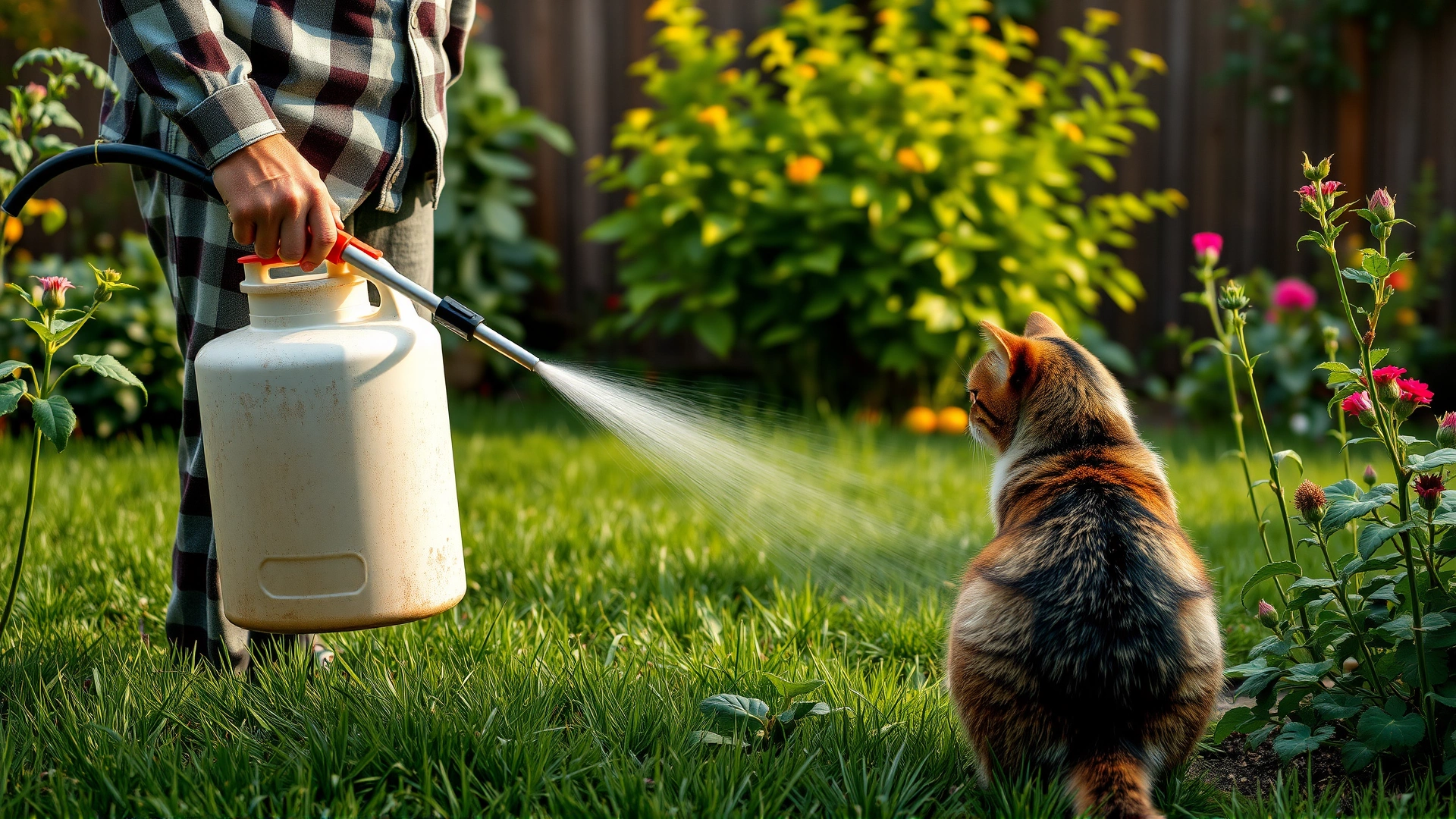 Person spraying pesticide on garden plants while a cat sits at a safe distance, emphasizing common exposure routes.