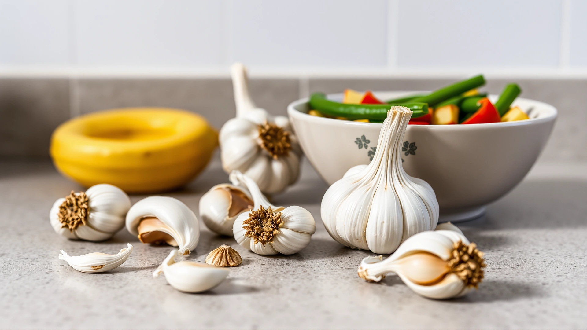 Loose garlic cloves scattered next to a filled food bowl on a kitchen counter, neutral background, warning vibe