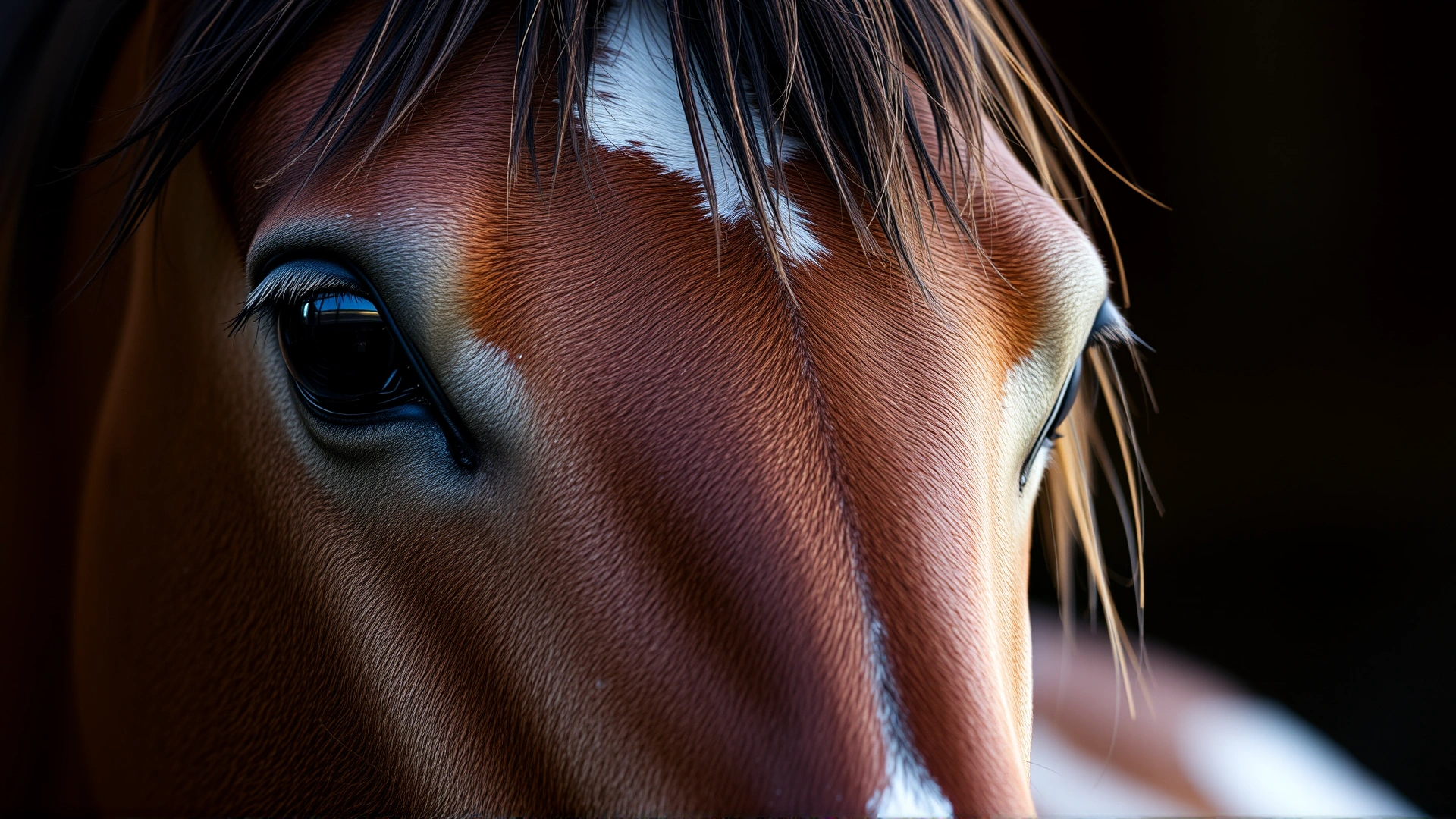 Close-up of a Garrano horse’s head focusing on its expressive dark eyes, dun coat and dorsal stripe, shallow depth of field