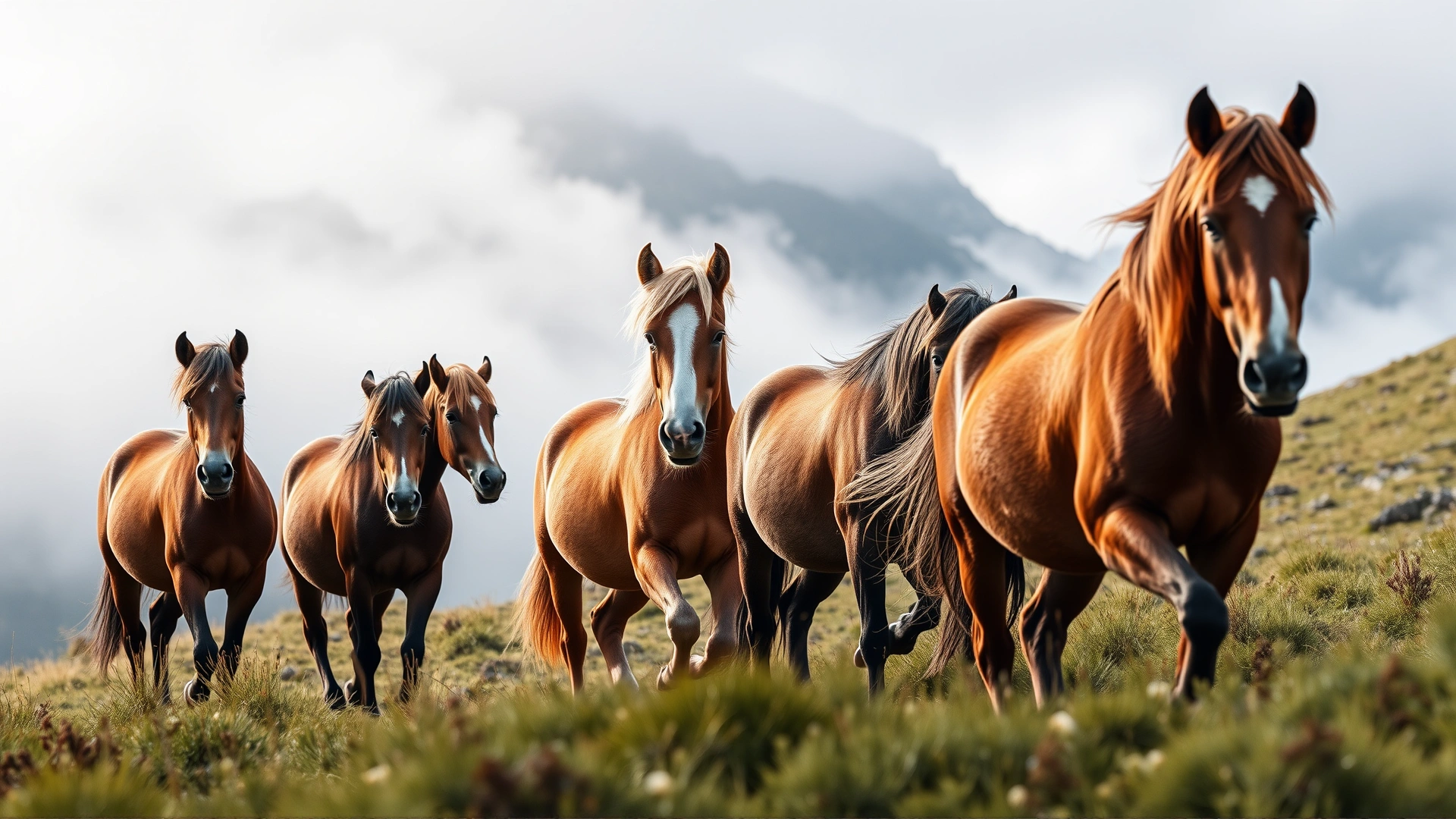 A small herd of Garrano horses roaming freely in the mountainous scenery of Peneda-Gerês National Park, misty backdrop