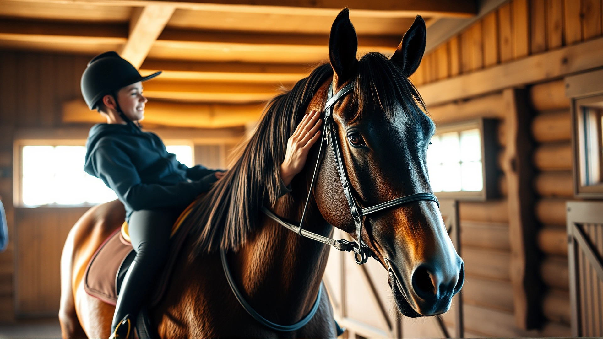A young rider gently brushing a Garrano horse in a rustic wooden stable, showcasing grooming routine, warm indoor lighting