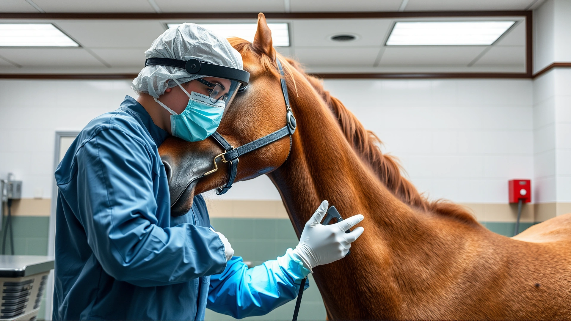 Veterinarian wearing protective gear performing a gastroscopy on a standing sedated horse inside a clinic
