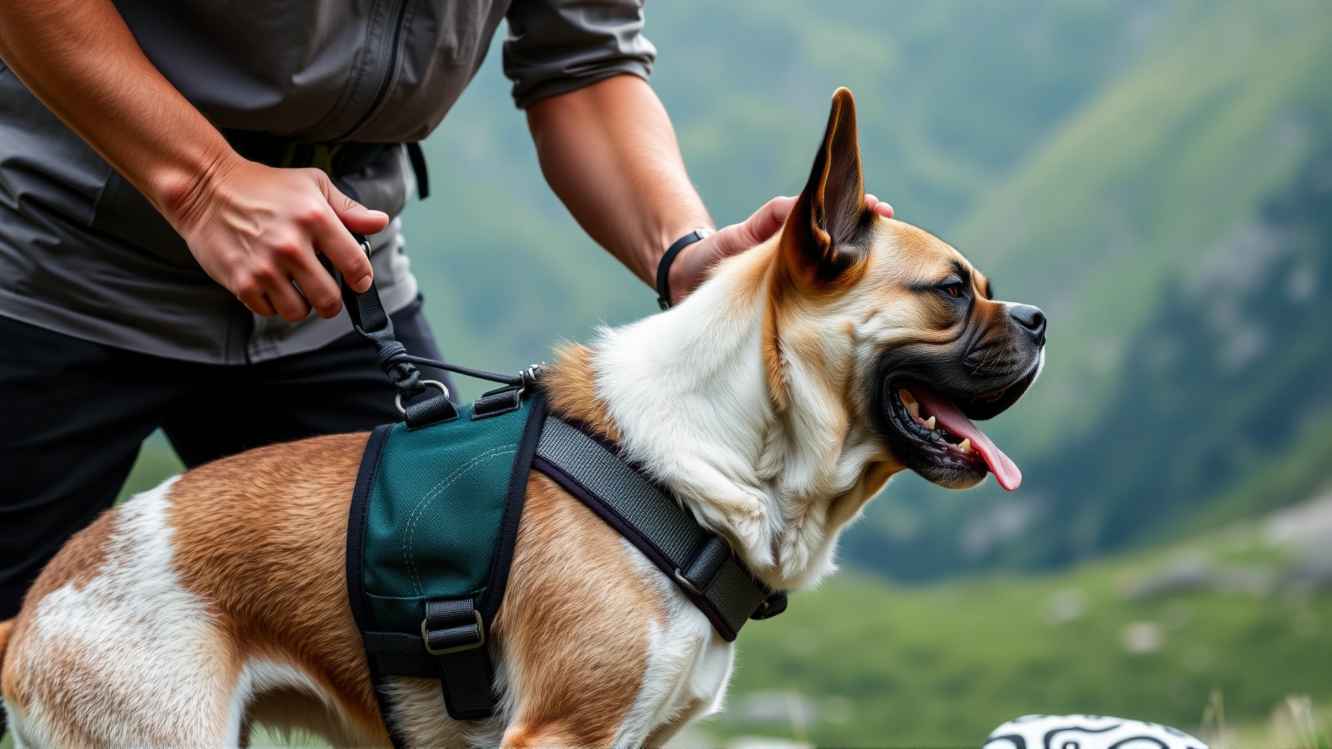 Close-up of a person adjusting a padded harness on their dog before an outdoor adventure, green mountains in background.