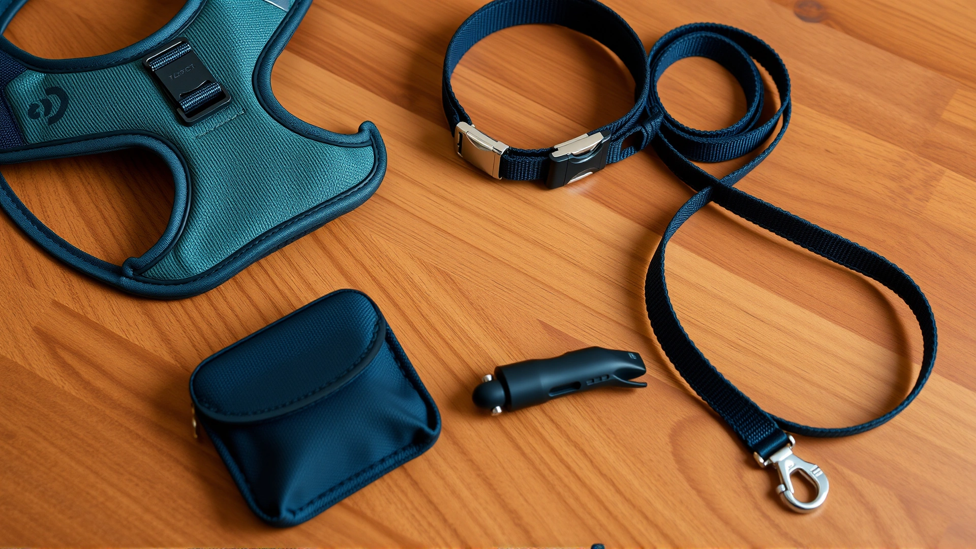 Close-up of modern dog walking gear laid out on a wooden surface: front-clip harness, flat collar, treat pouch, and 2-meter leash.