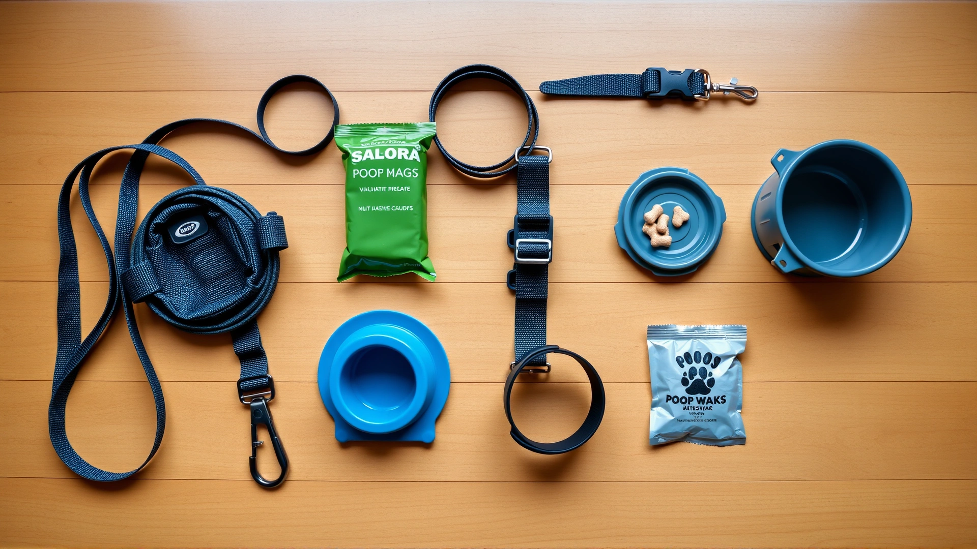 Flat lay of dog walking essentials arranged neatly on a wooden surface: sturdy leash, front-clip harness, poop bags, collapsible water bowl, small treats, and a reflective collar. Natural overhead lighting.