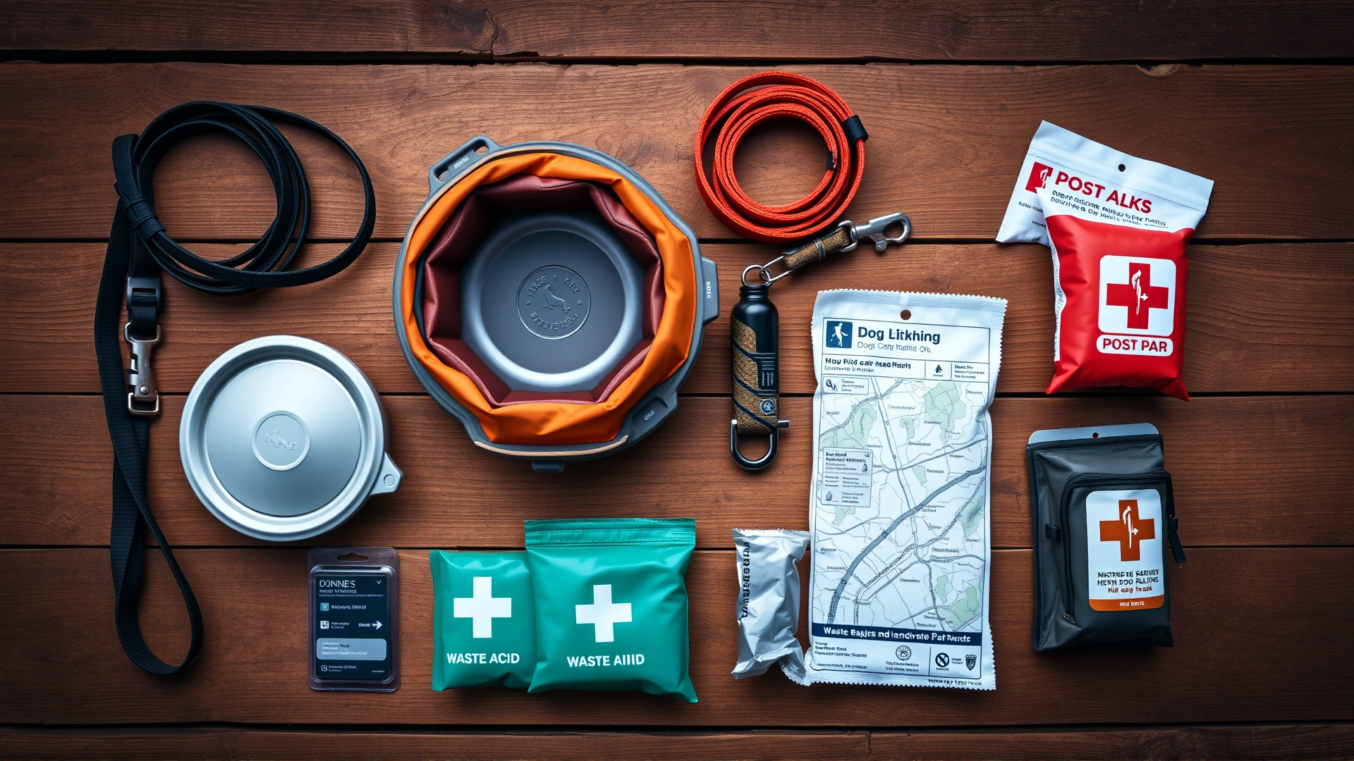 Flat lay of essential dog hiking gear neatly arranged on a rustic wooden surface: collapsible bowl, leash, harness, first-aid kit, waste bags, and a folded trail map.