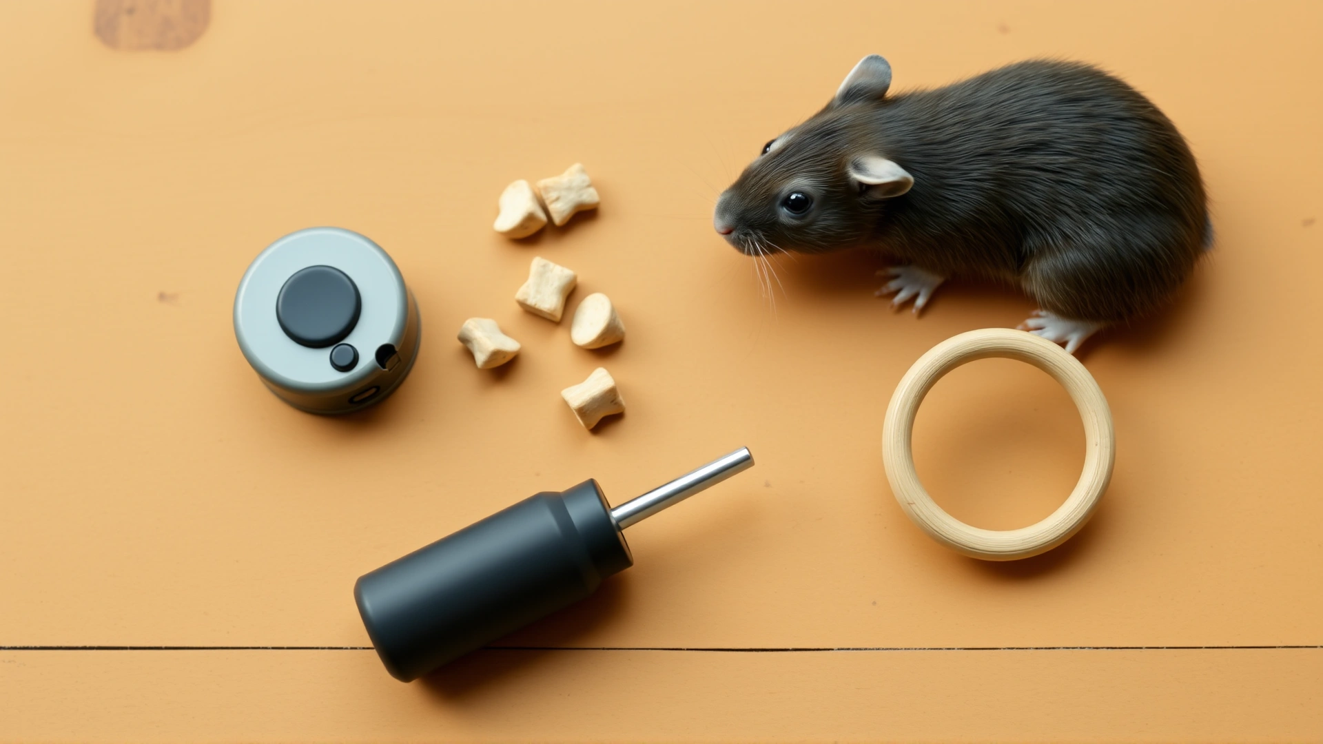 Flat lay of rat training gear: clicker, small treats, target stick, and a tiny hoop on a wooden surface