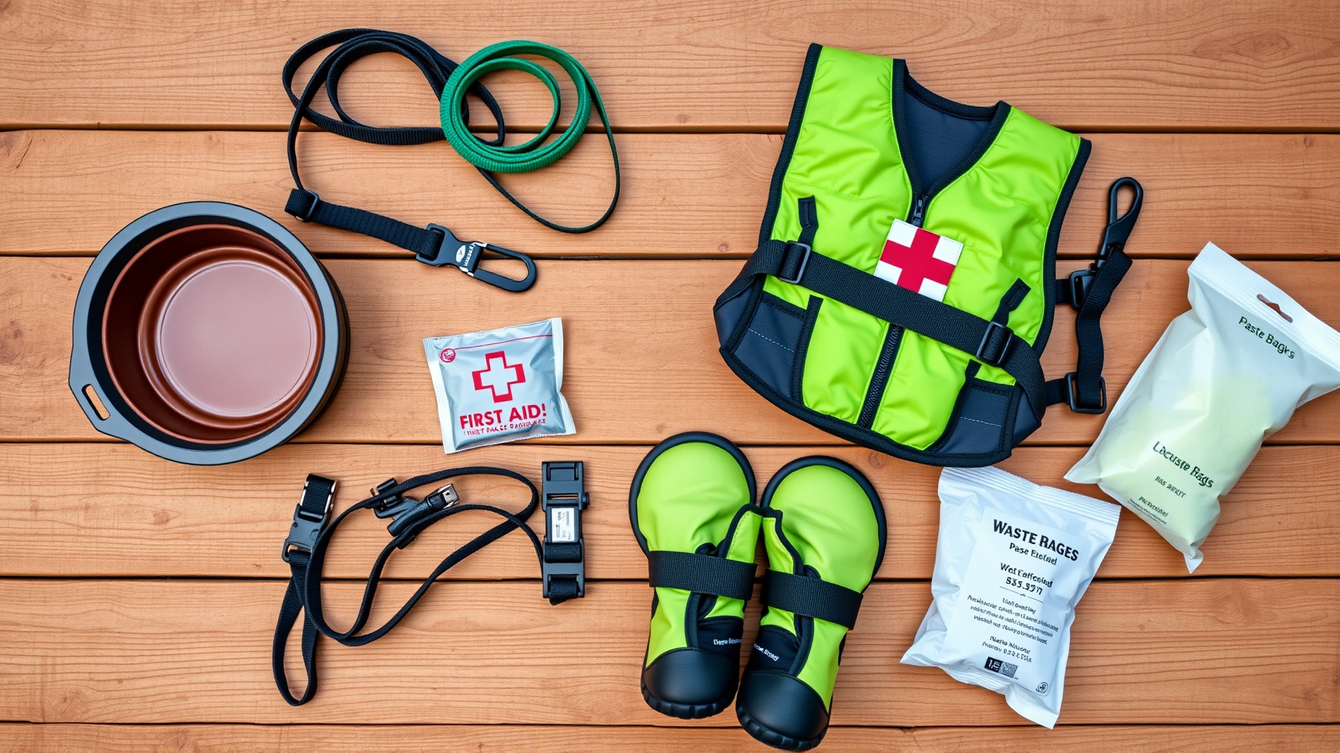 Flat lay of essential dog camping gear on a wooden surface: collapsible bowl, leash, harness, first aid kit, booties, reflective vest, waste bags, no text on image
