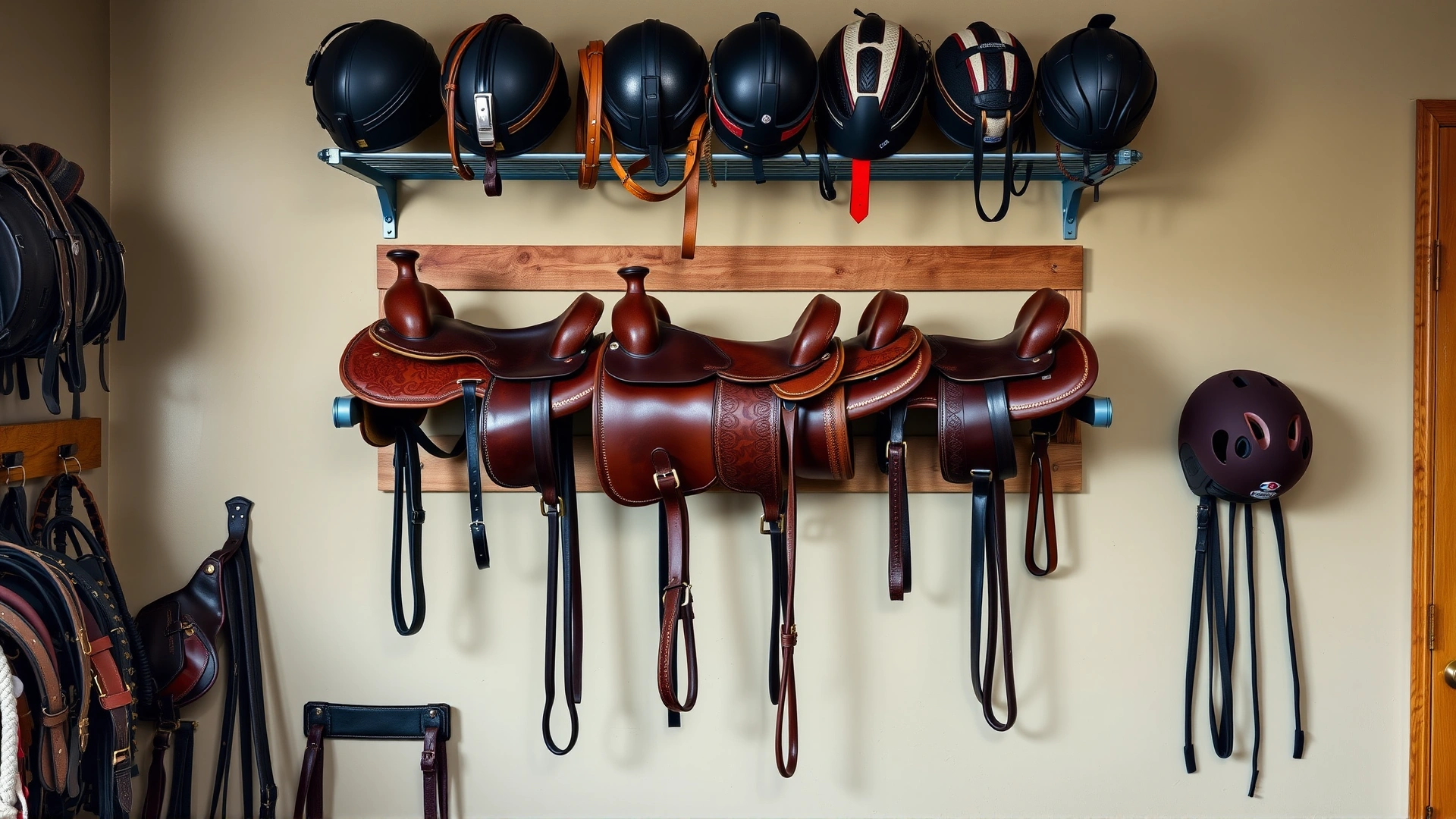Wall-mounted tack rack displaying a variety of clean saddles, bridles, and equestrian helmets in a tack room.