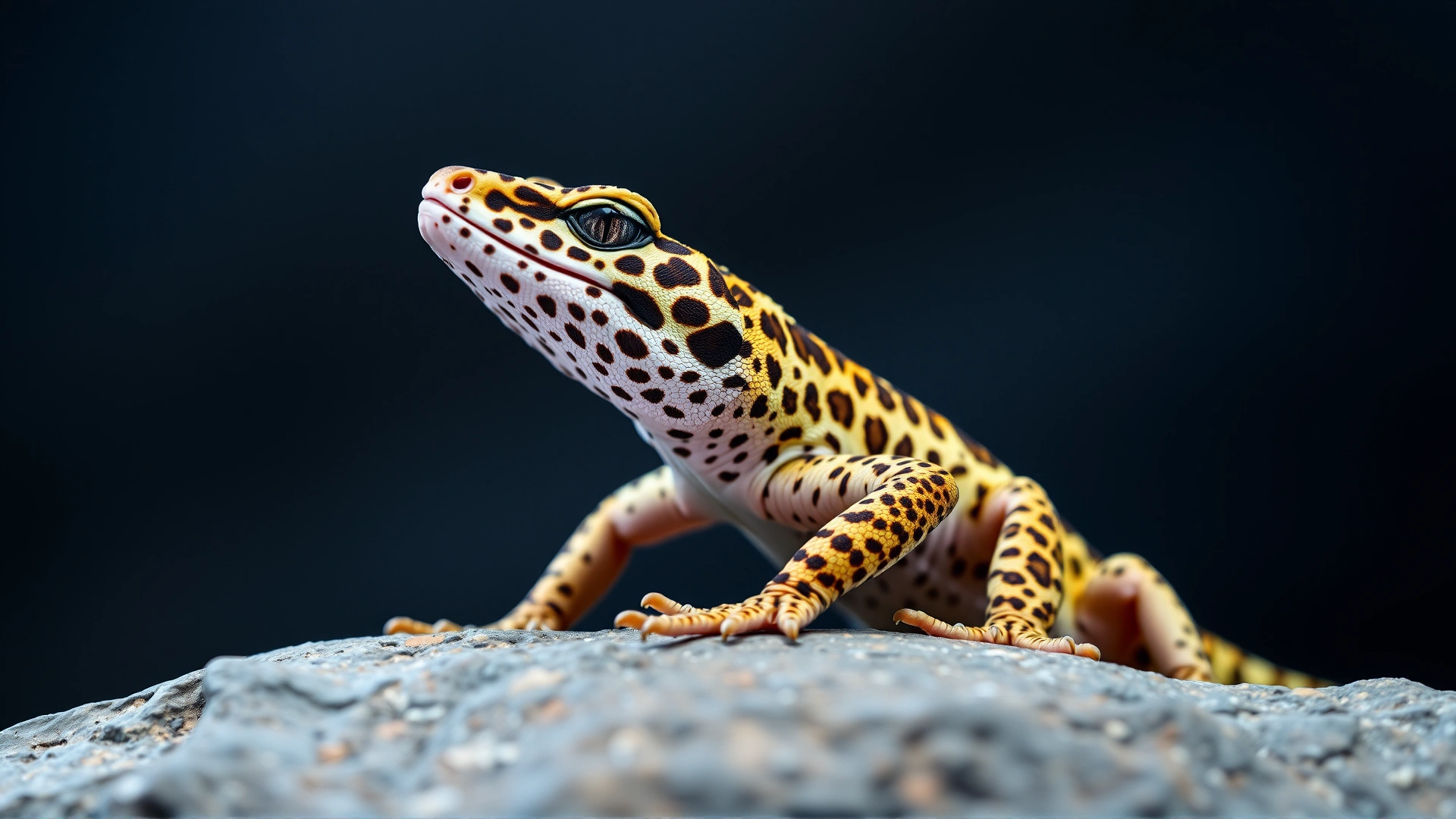 Close-up of a leopard gecko on a flat rock tilting its head upward, illustrating stargazing symptom