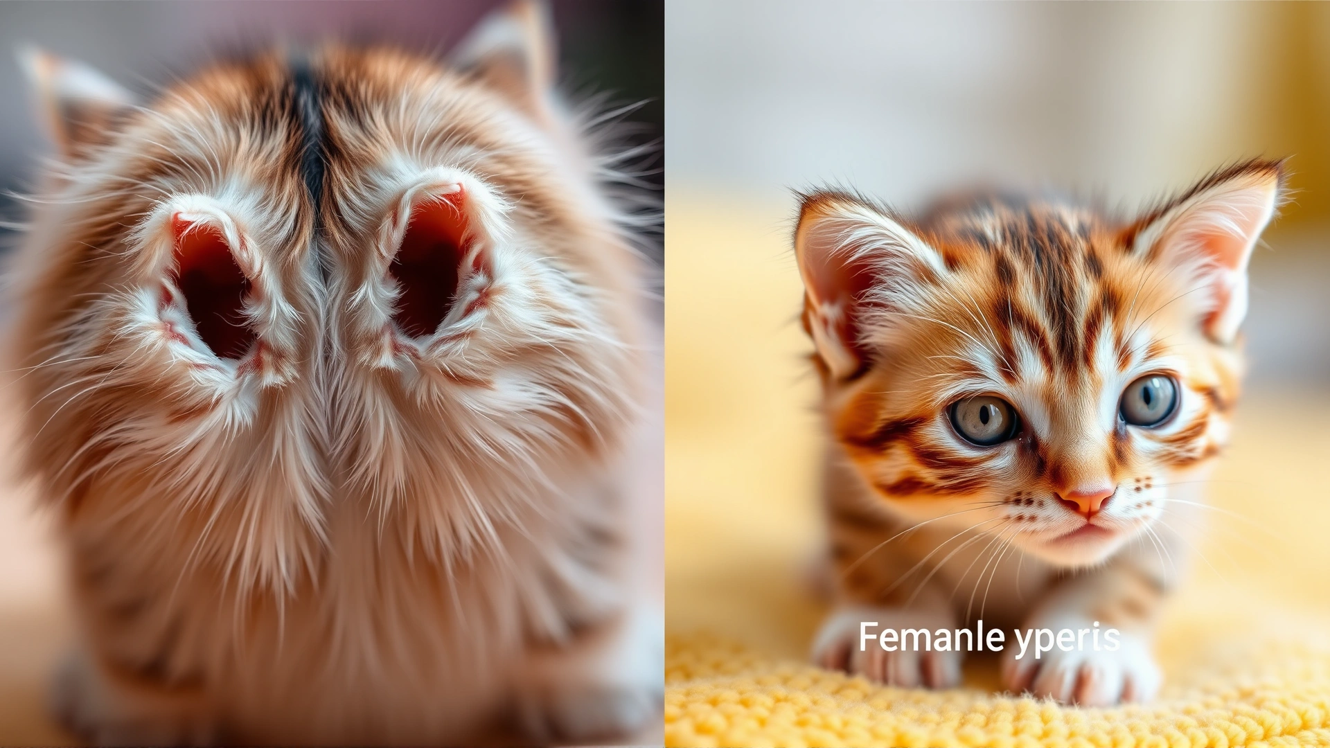 Side-by-side shot: on the left, the backside of a male kitten showing the greater space between openings; on the right, a female kitten showing the closer openings, both labeled lightly on the image.