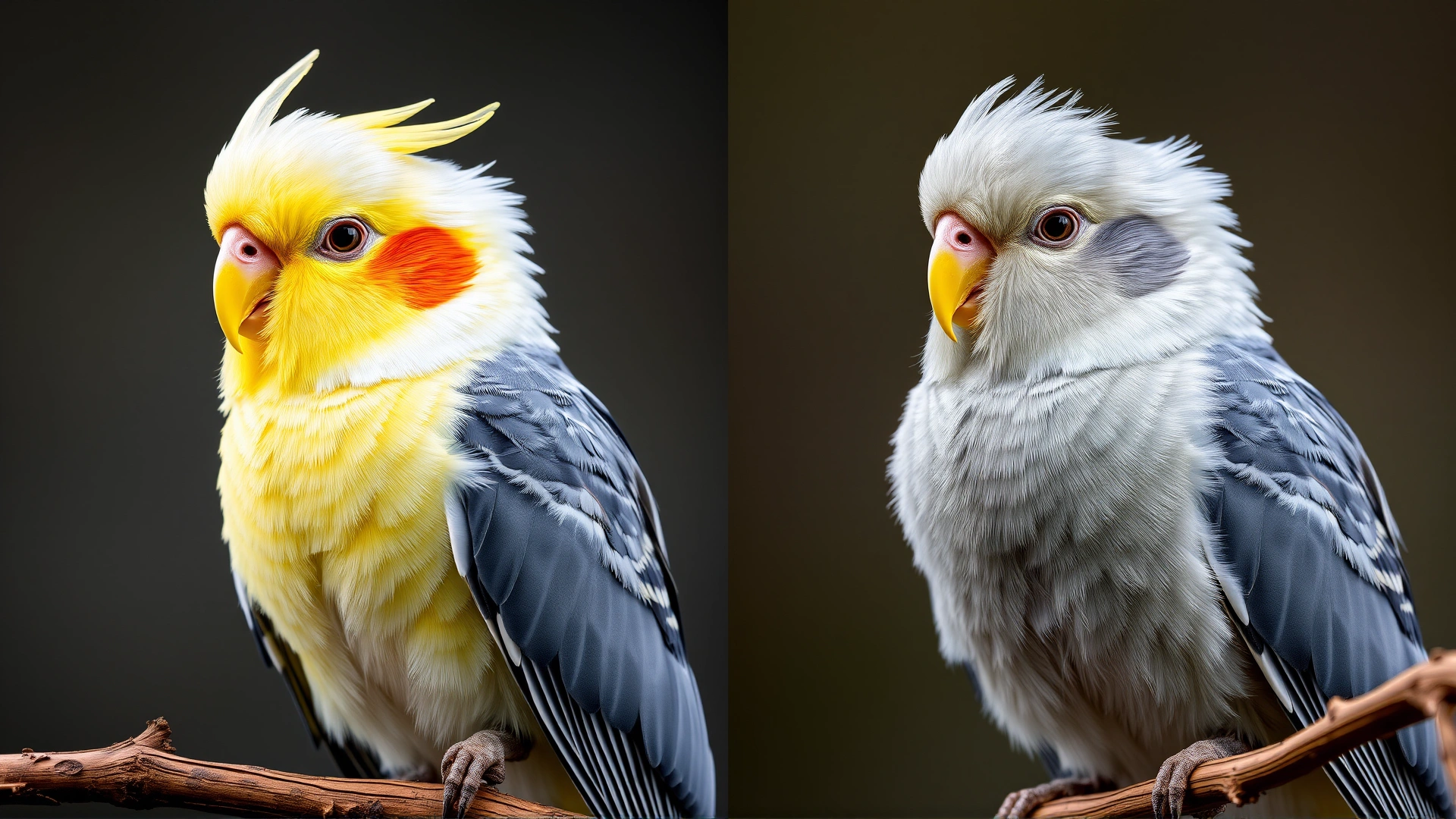 Side-by-side portrait of a male cockatiel with bright yellow face and a female with muted grey face, both perched on similar branches.