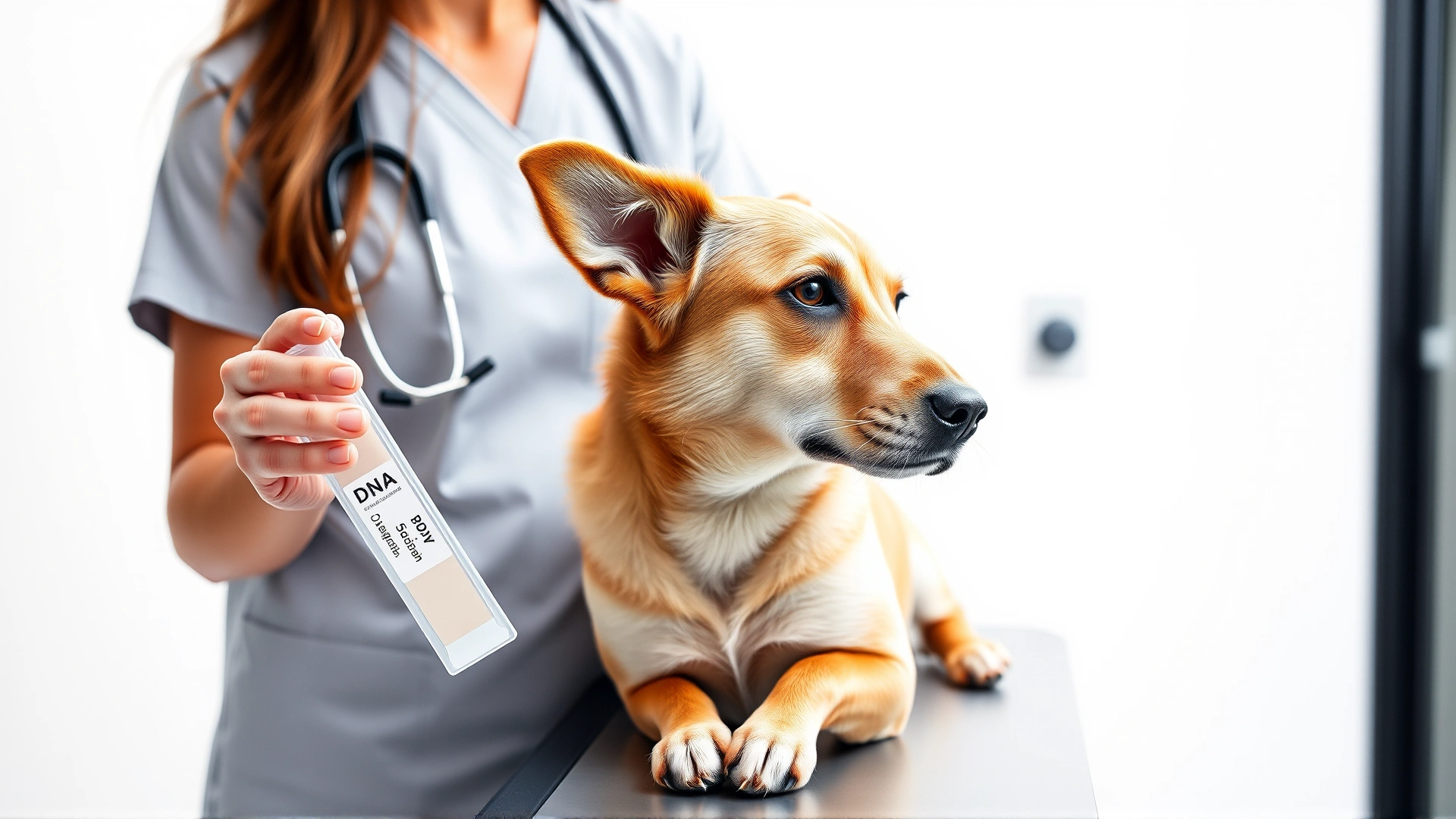 Close-up of a veterinarian holding a DNA test kit while a calm dog sits on an exam table in a modern vet clinic. Clean white background, professional setting.