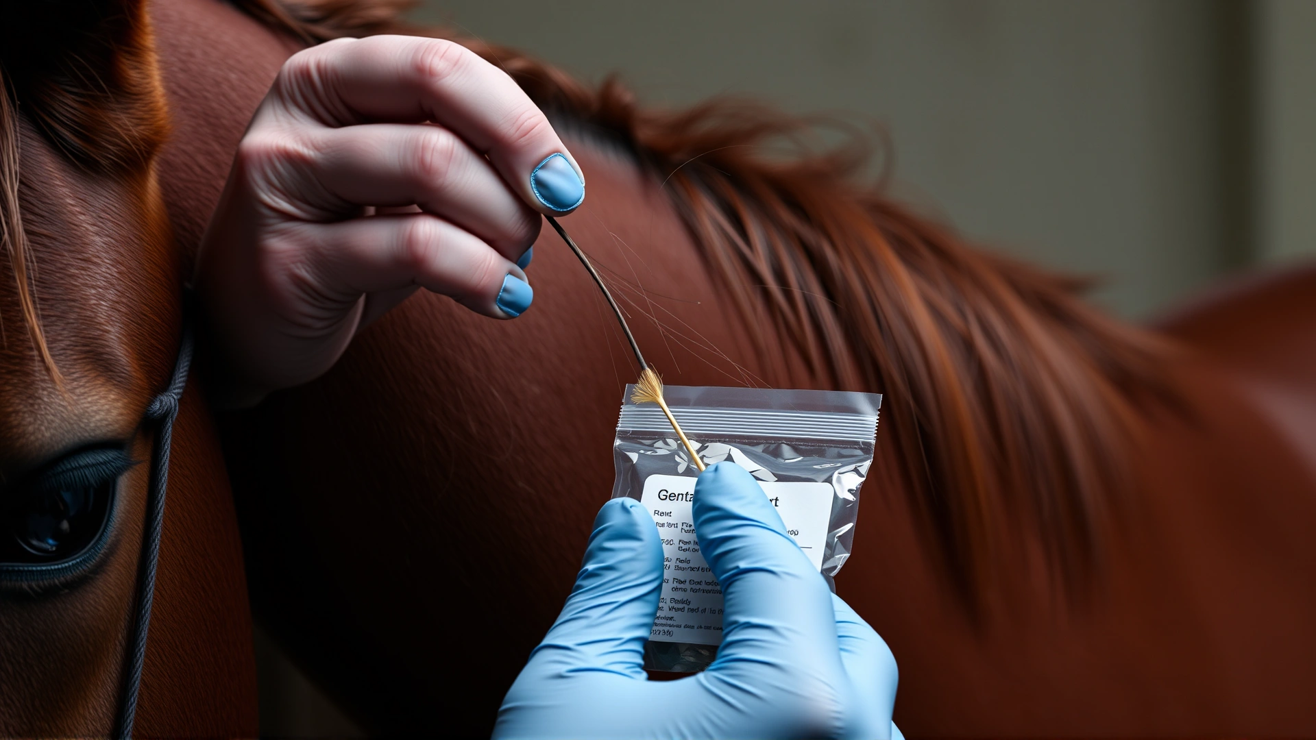 Veterinarian pulling a few mane hairs from a calm brown horse to place in a labeled sample bag for genetic testing