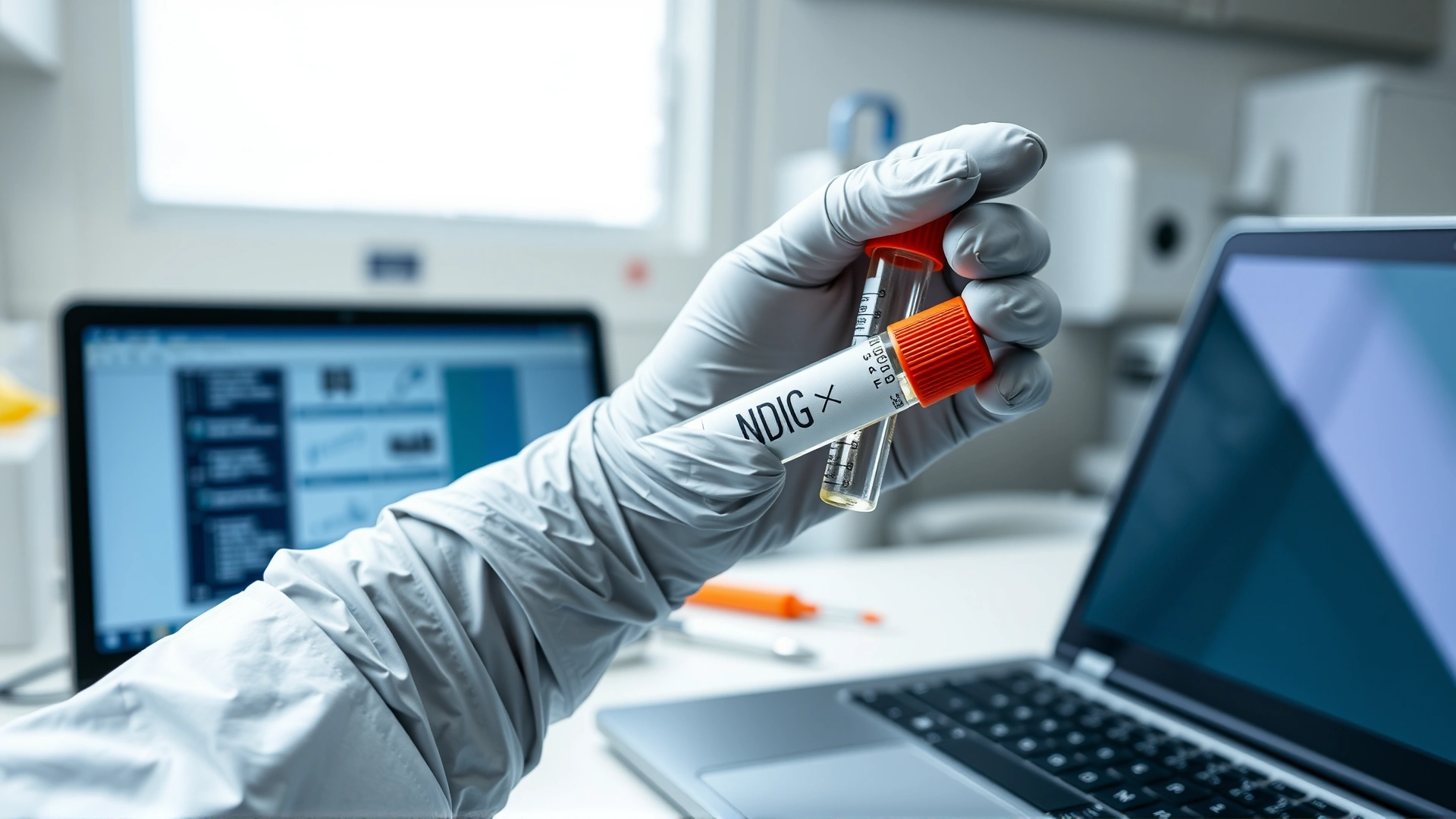 A gloved hand holding a labeled DNA sample tube beside a laptop in a modern veterinary genetics lab