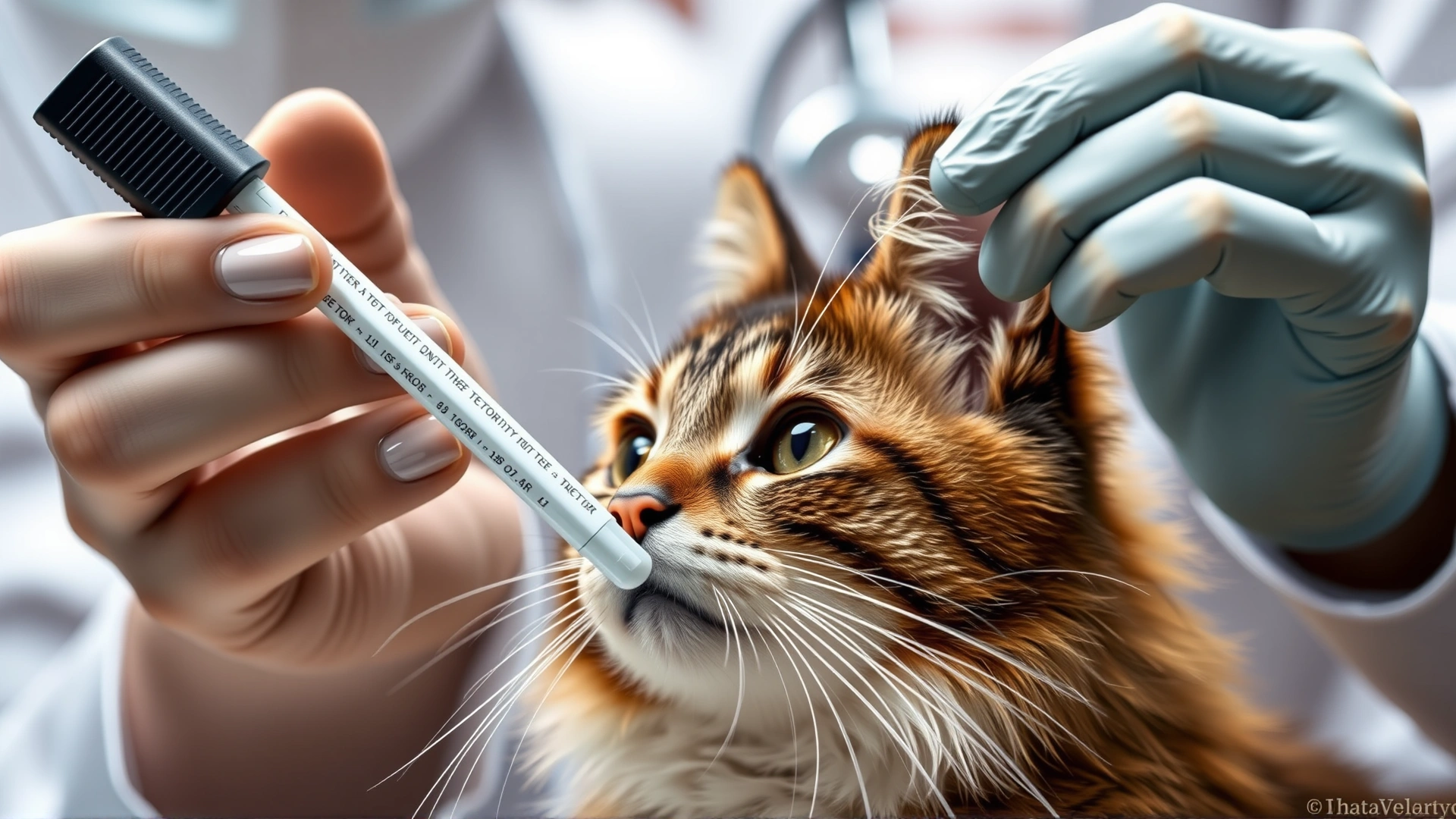 Veterinarian holding a DNA test swab with a curious cat in the foreground.