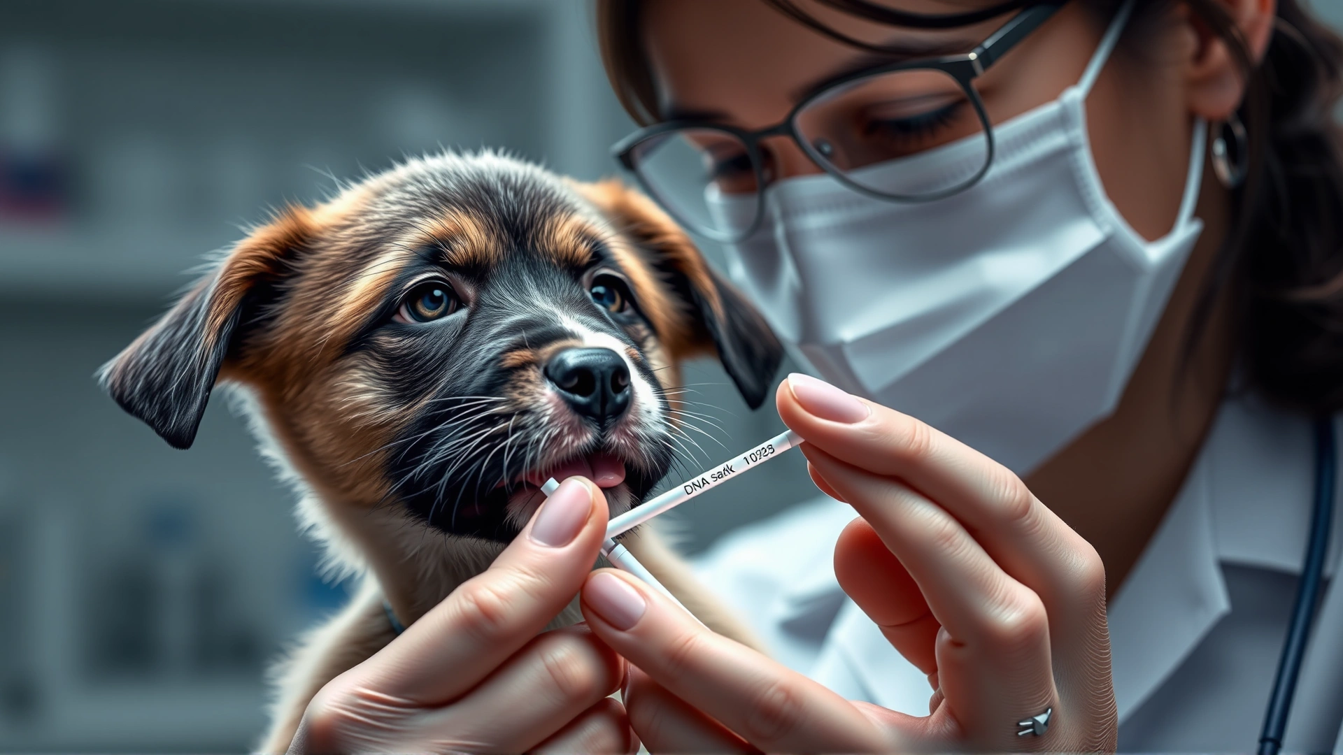 Close-up of a lab technician holding a cheek-swab DNA kit next to a curious puppy, laboratory background slightly blurred
