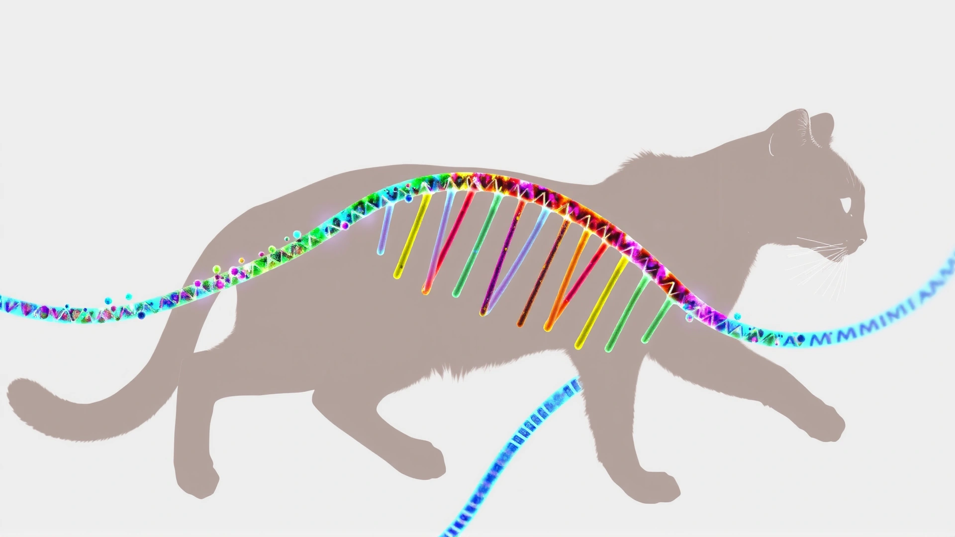 Artistic representation of a cat silhouette intertwined with colorful DNA strands on a neutral background, symbolizes hereditary factors, no text
