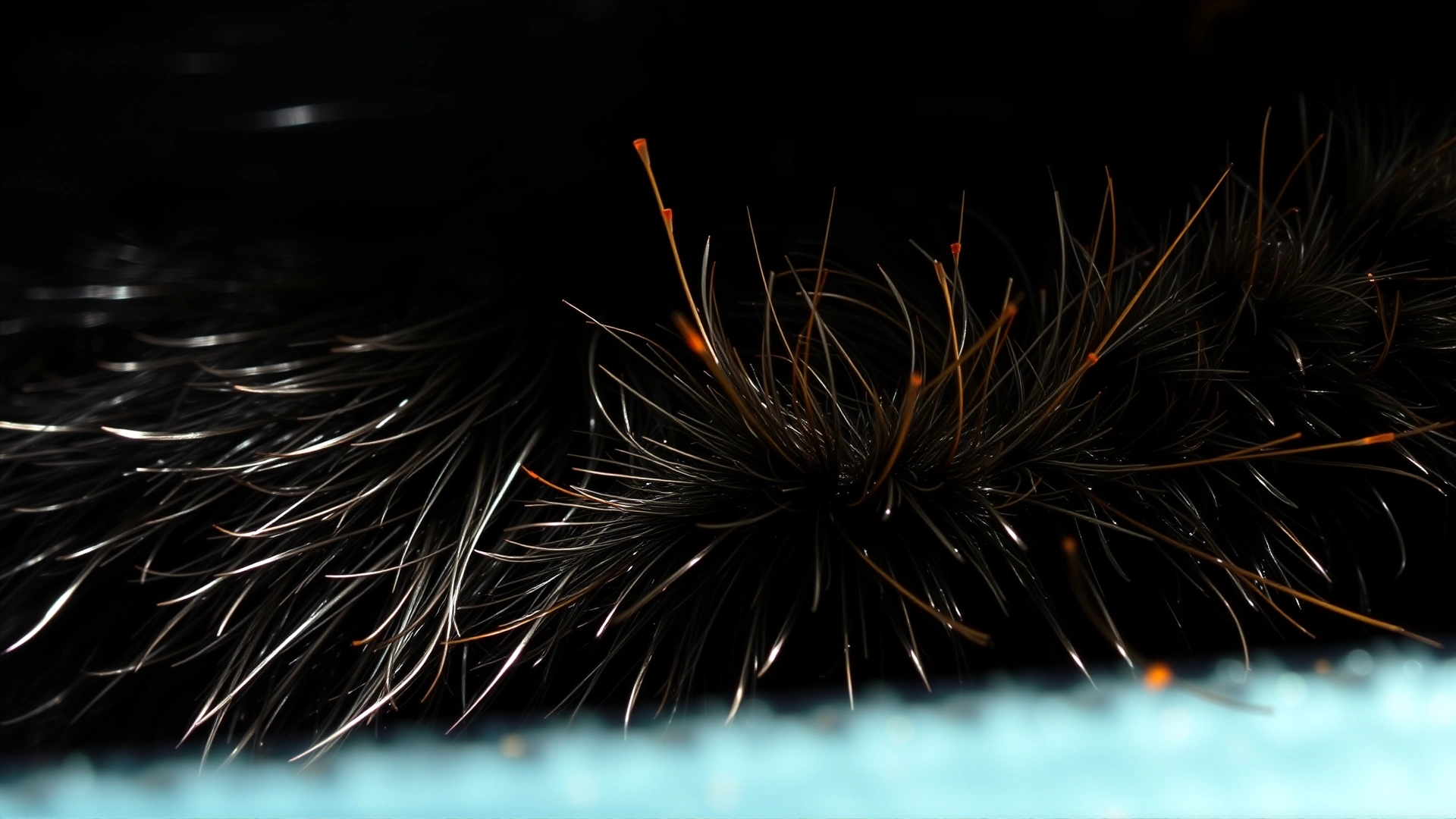 Macro shot of black cat fur illuminated by sunlight, revealing subtle reddish-brown rusting at the tips of individual hairs.