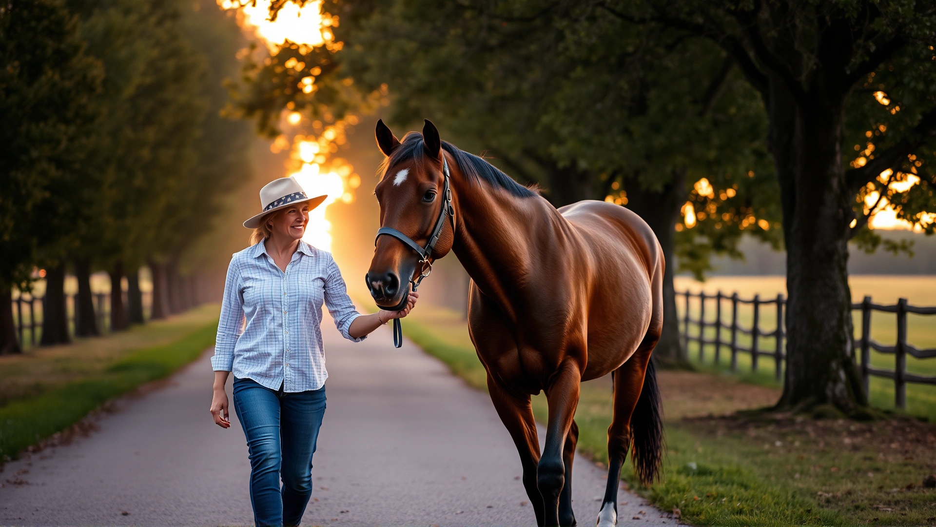 Owner walking an older bay horse along a tree-lined path at sunset, relaxed atmosphere, warm lighting