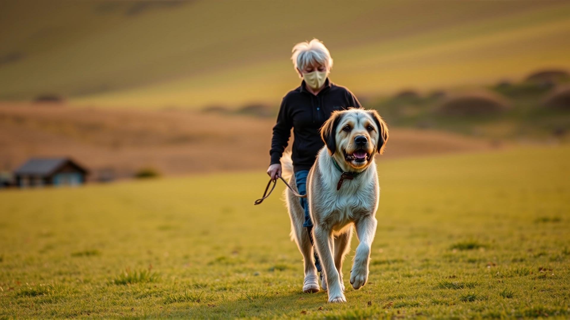 Owner walking slowly with a senior dog on a grassy field at sunrise; both moving at a relaxed pace.