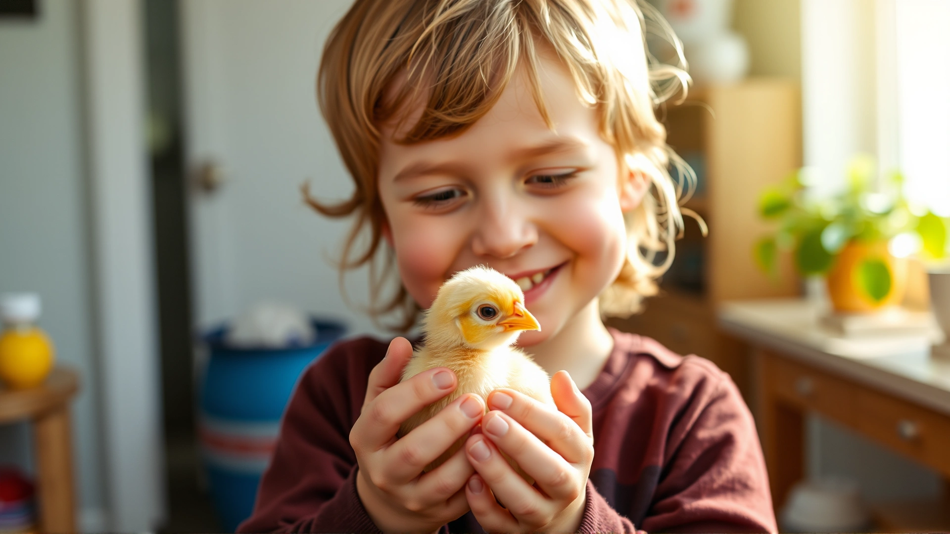 Smiling child carefully holding a baby chick with both hands in a sunny indoor setting