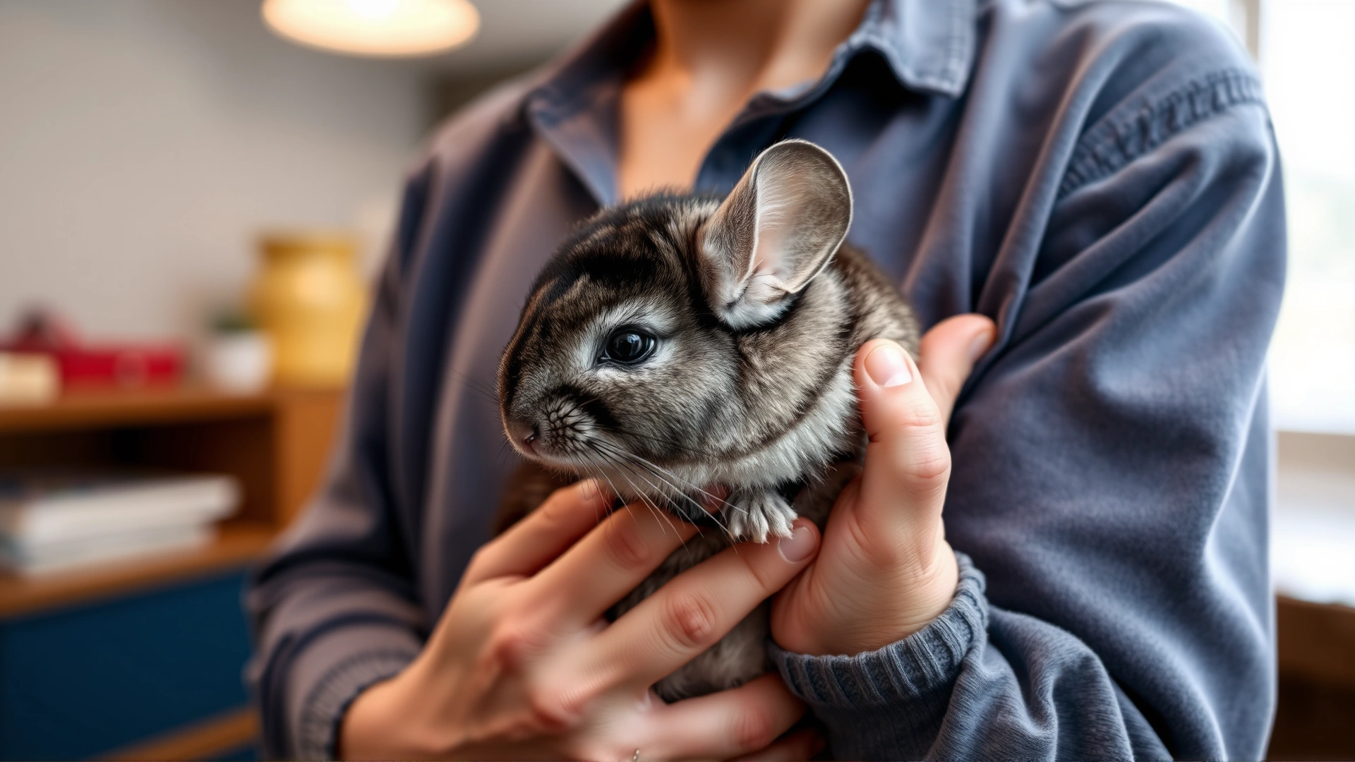 Owner carefully holding a chinchilla close to the chest with both hands, demonstrating proper gentle handling technique, indoor setting with warm lighting.