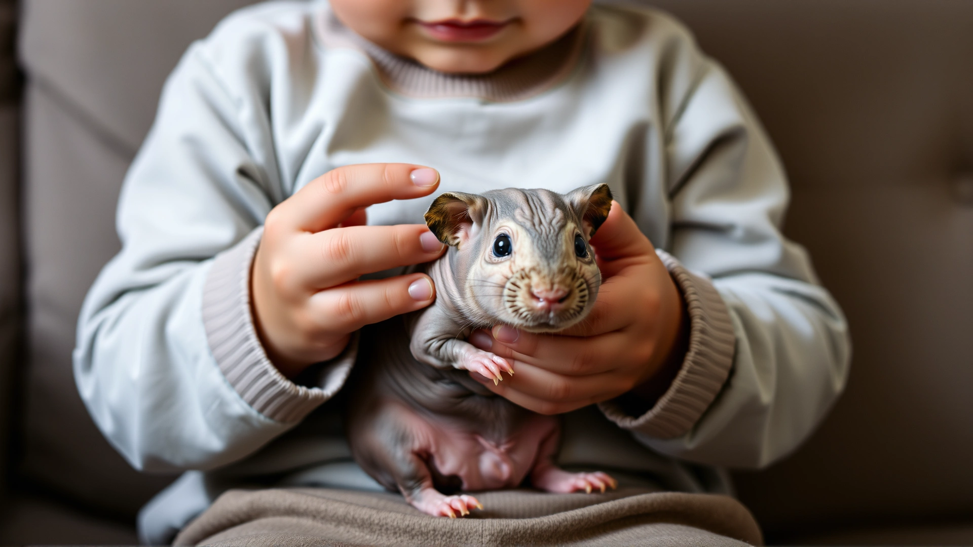 Young child gently holding a hairless guinea pig with both hands while sitting on a sofa, conveying safe handling and bonding.