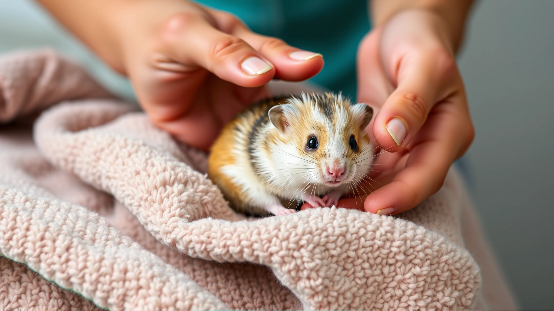 Human hands gently holding a calm dwarf hamster over a soft blanket, showcasing correct handling technique, bright and friendly atmosphere