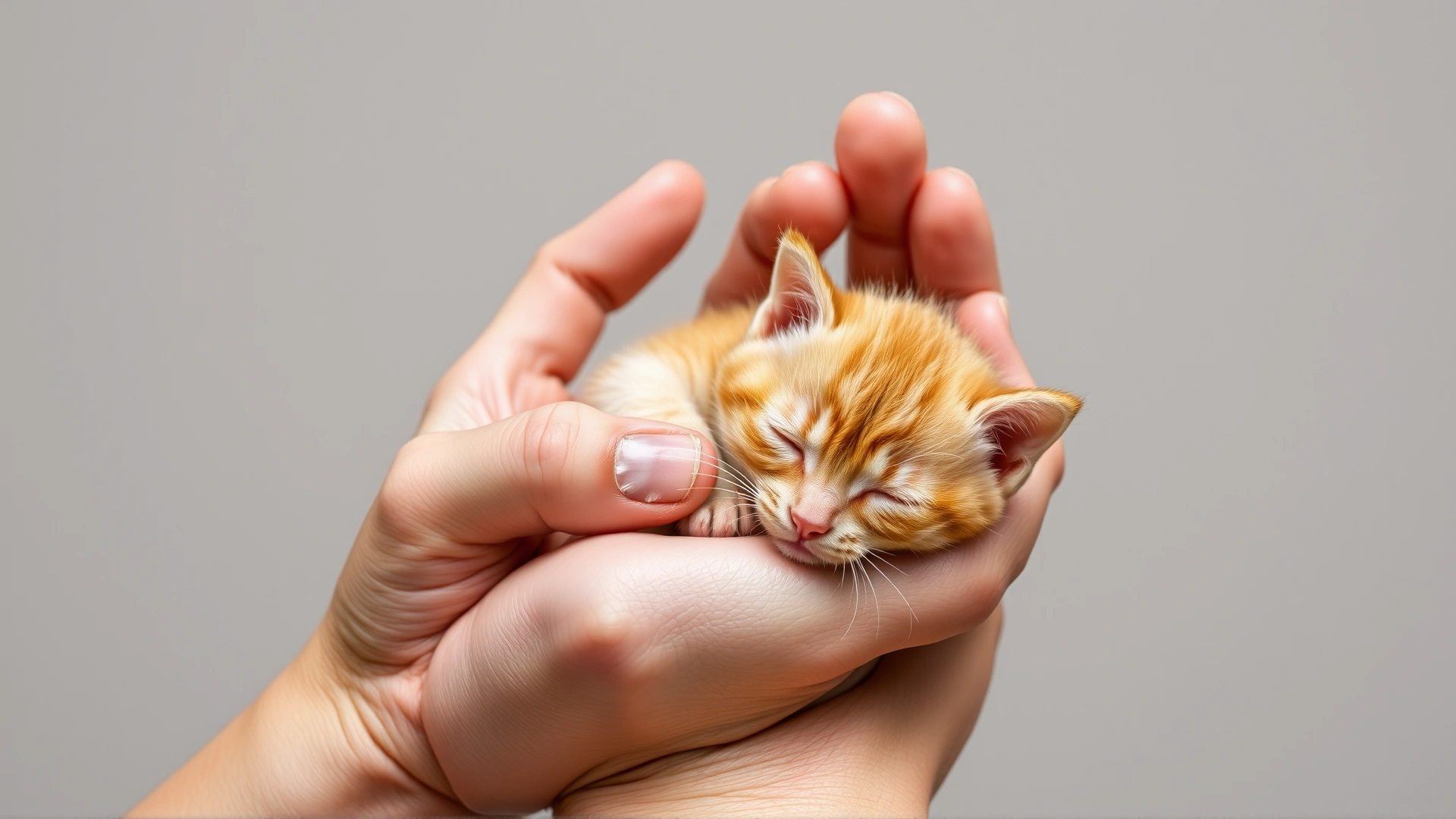Hands gently cradling a tiny orange kitten, demonstrating proper handling against a neutral background