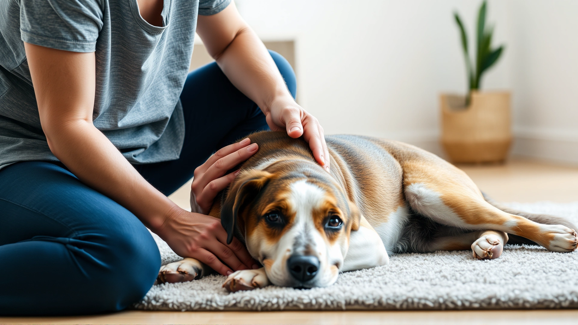 Owner calmly massaging a recovering dog’s shoulders while the dog lies on a soft rug indoors.