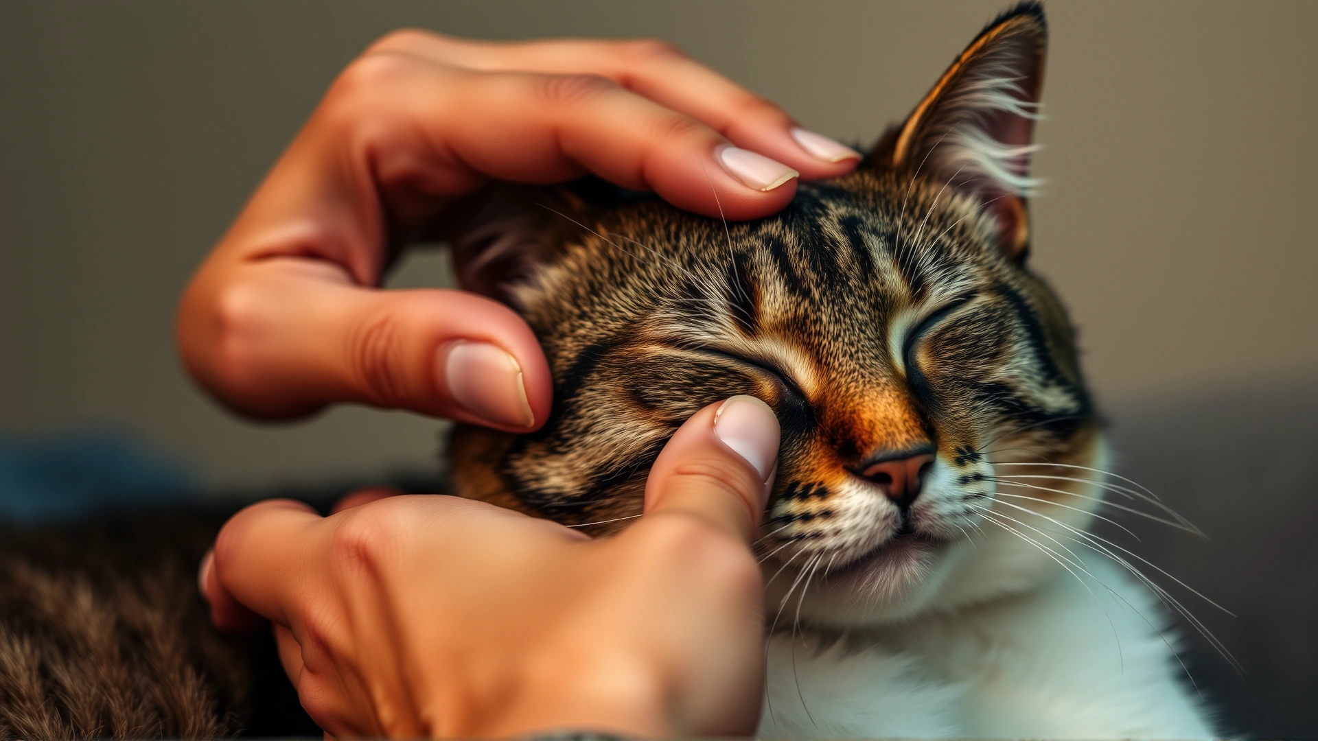 Human hand softly stroking the head of a relaxed cat, emphasizing gentle touch and bonding.