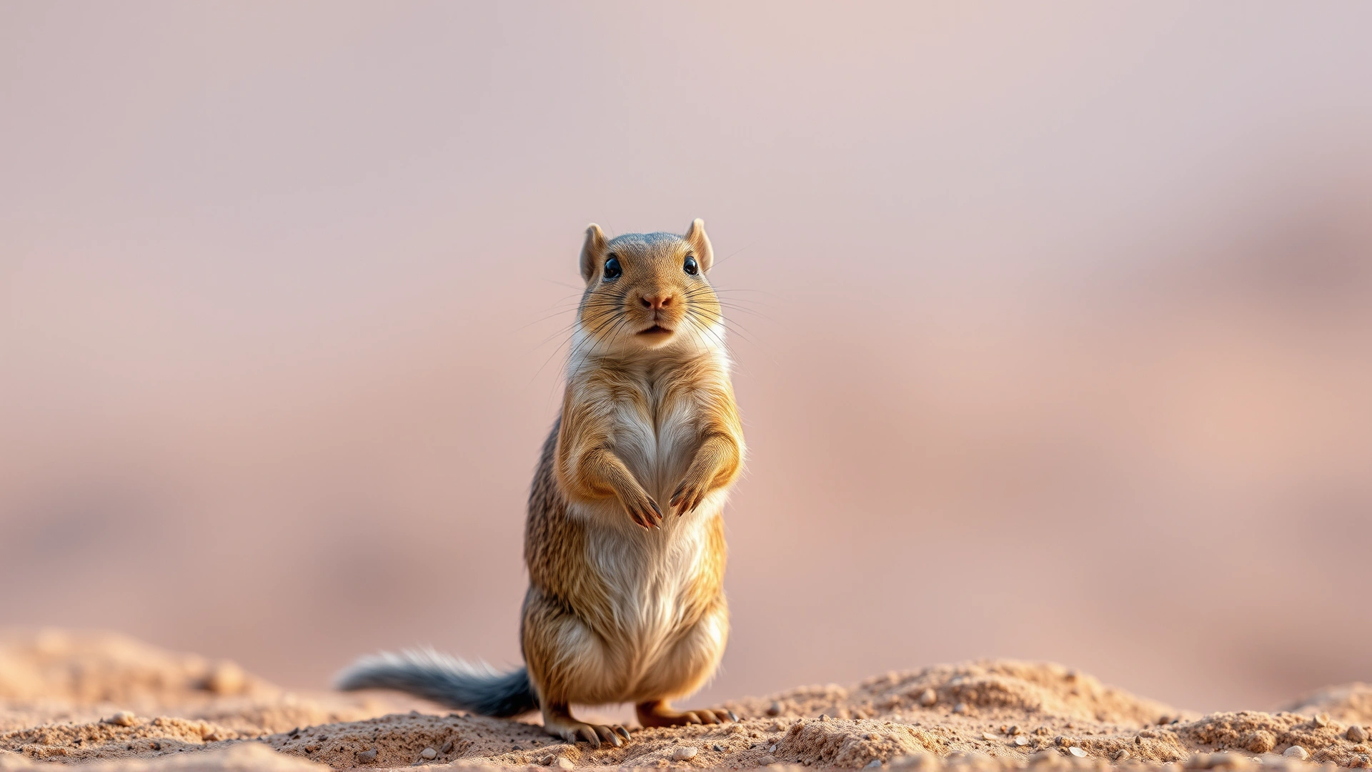 Portrait of a slender brown gerbil standing on its hind legs with a long furry tail, desert-like blurred background